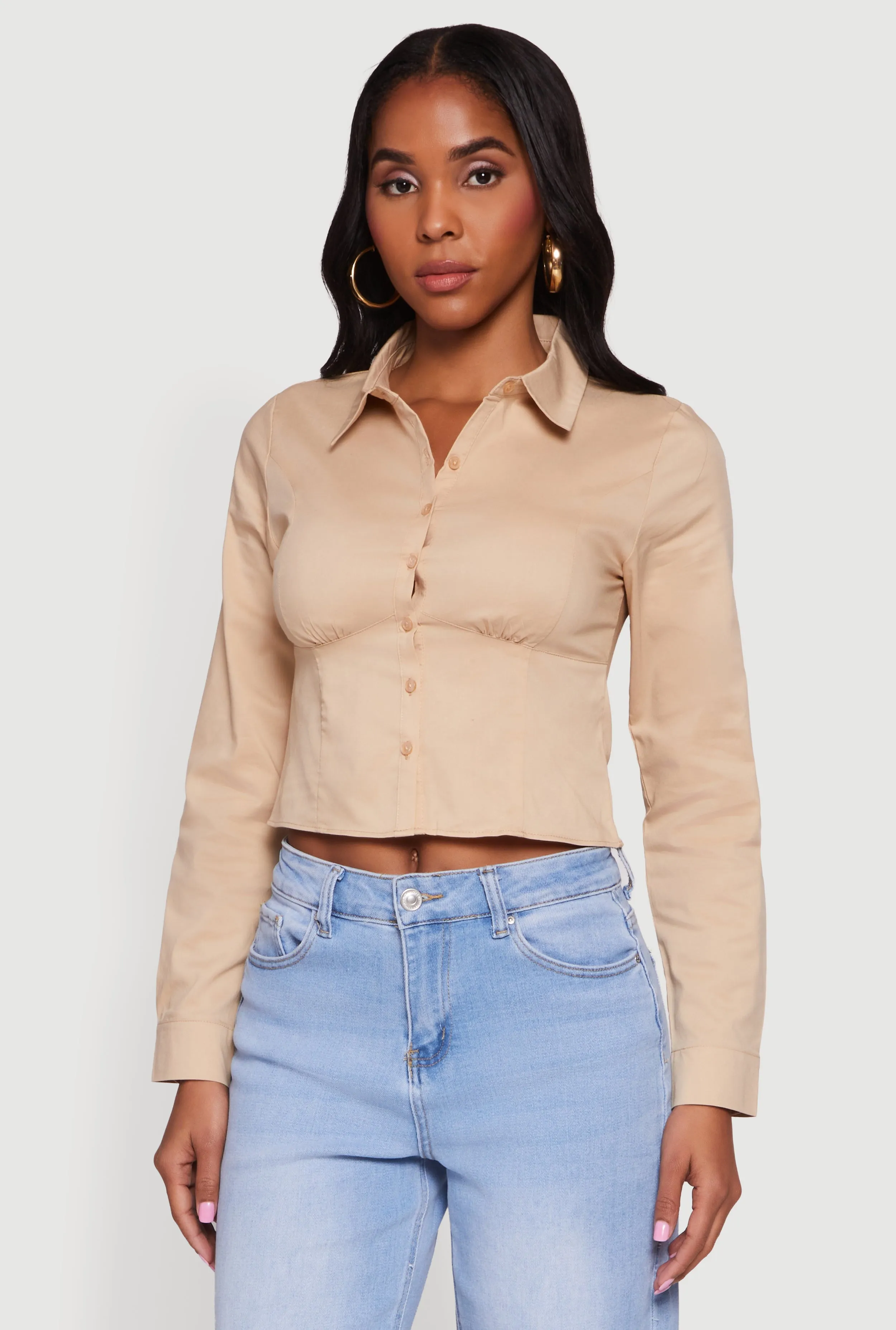 Poplin Cropped Long Sleeve Button Front Shirt sold by Rainbow product image thumbnail 2