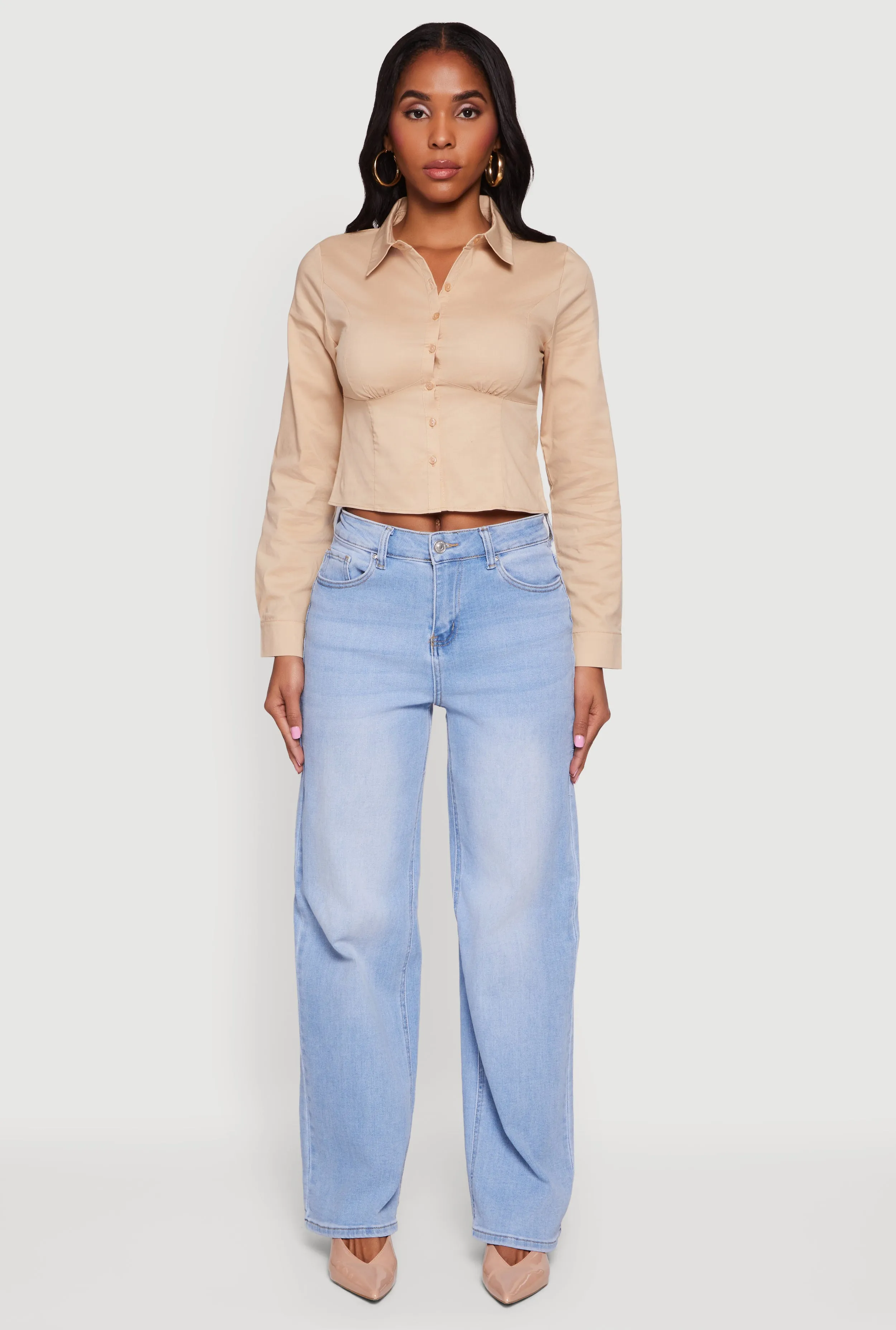 Poplin Cropped Long Sleeve Button Front Shirt sold by Rainbow product image thumbnail 3