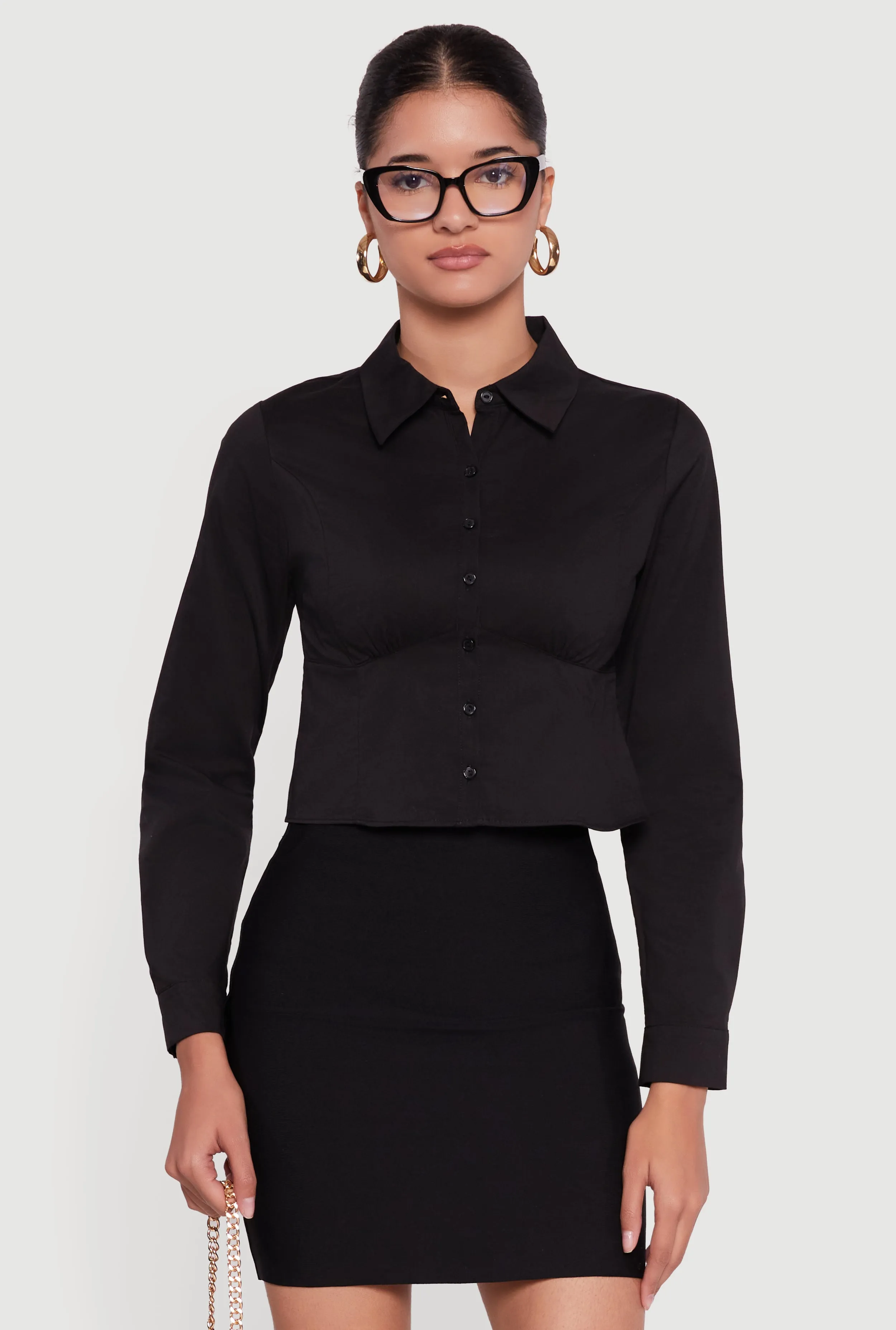 Poplin Cropped Long Sleeve Button Front Shirt sold by Rainbow product image thumbnail 2