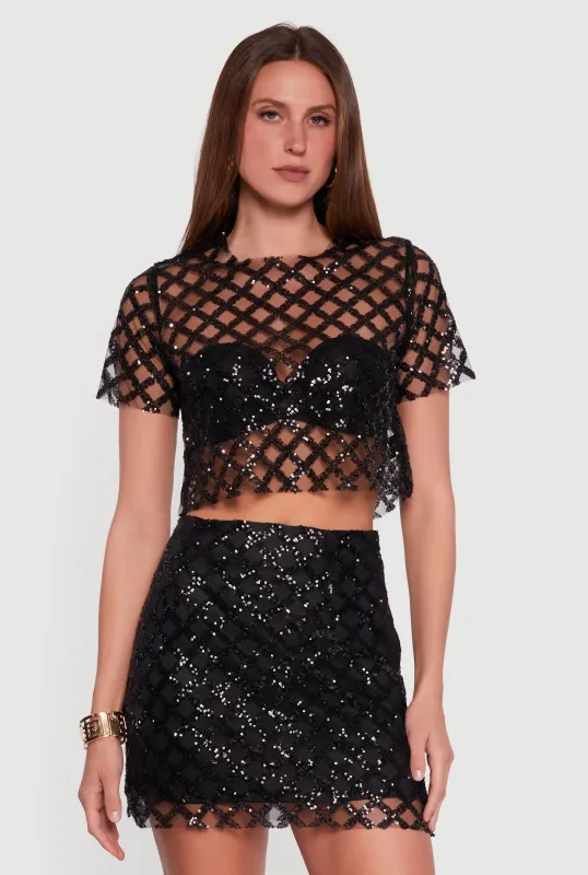 Geometric Sequin Mesh Crop Top sold by Rainbow