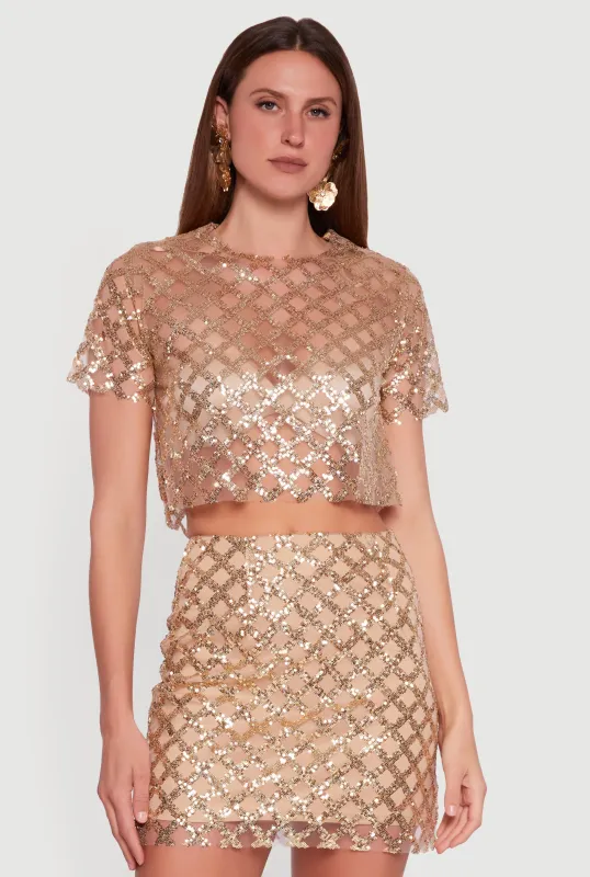 Geometric Sequin Mesh Crop Top sold by Rainbow