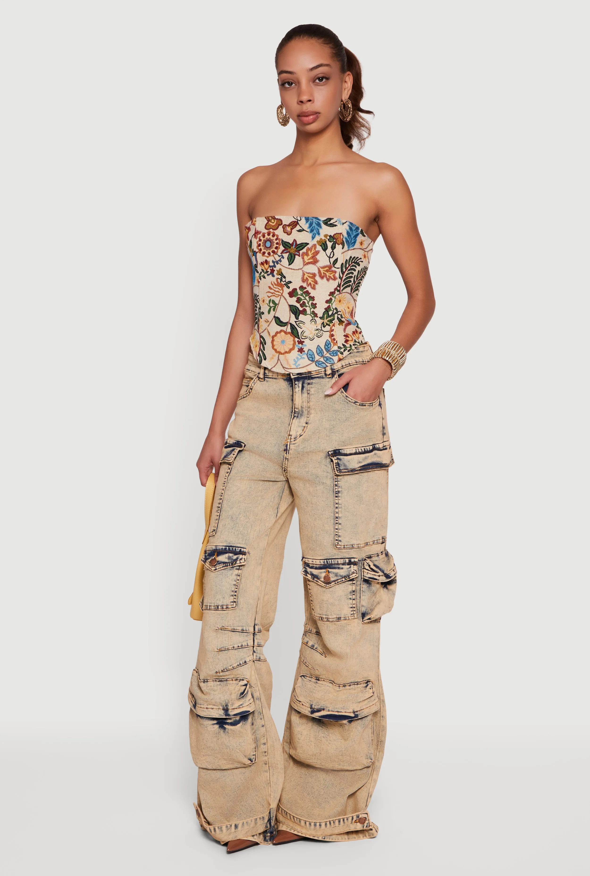 Floral Jacquard Lace Up Back Corset sold by Rainbow