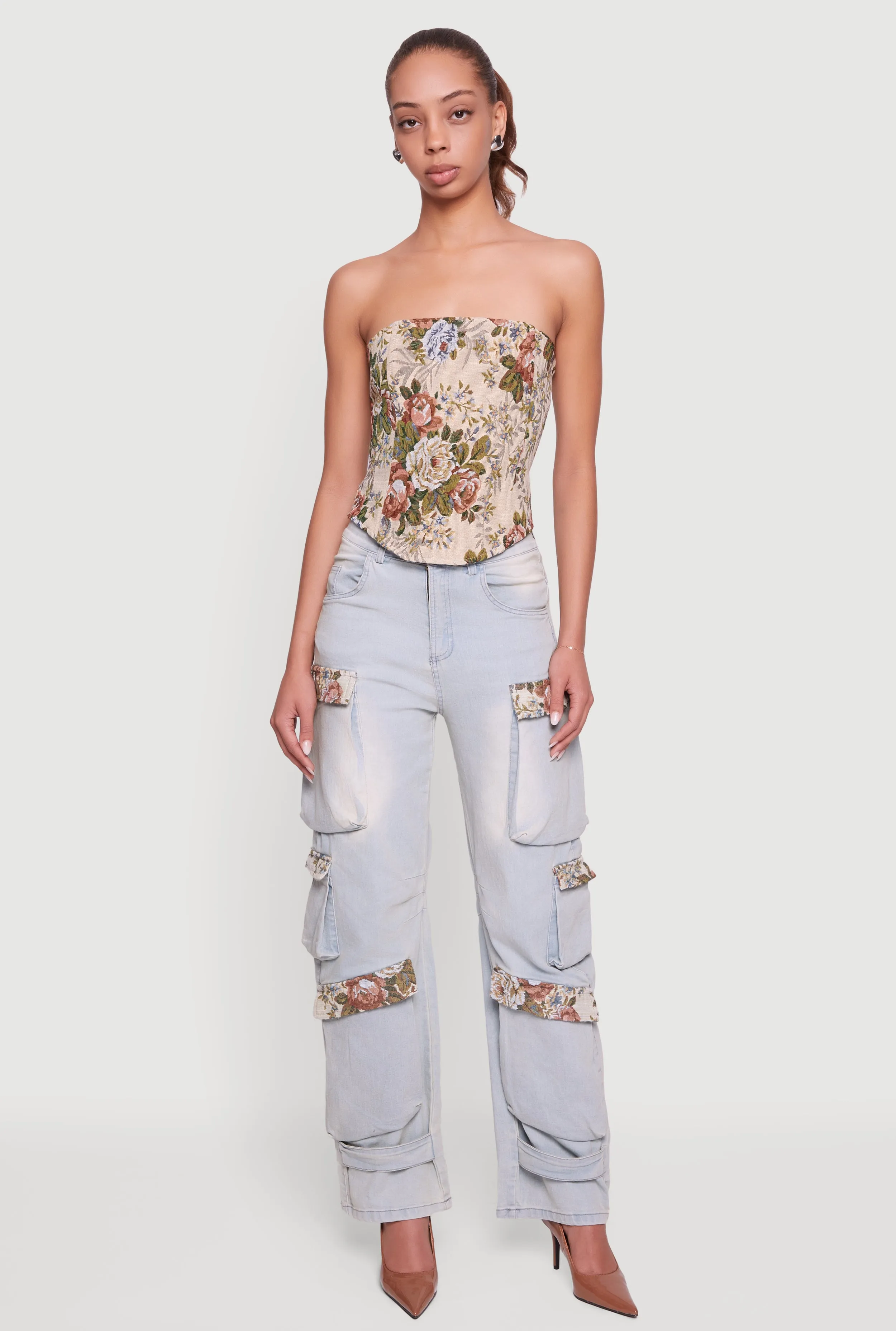 Floral Jacquard Lace Up Back Corset sold by Rainbow