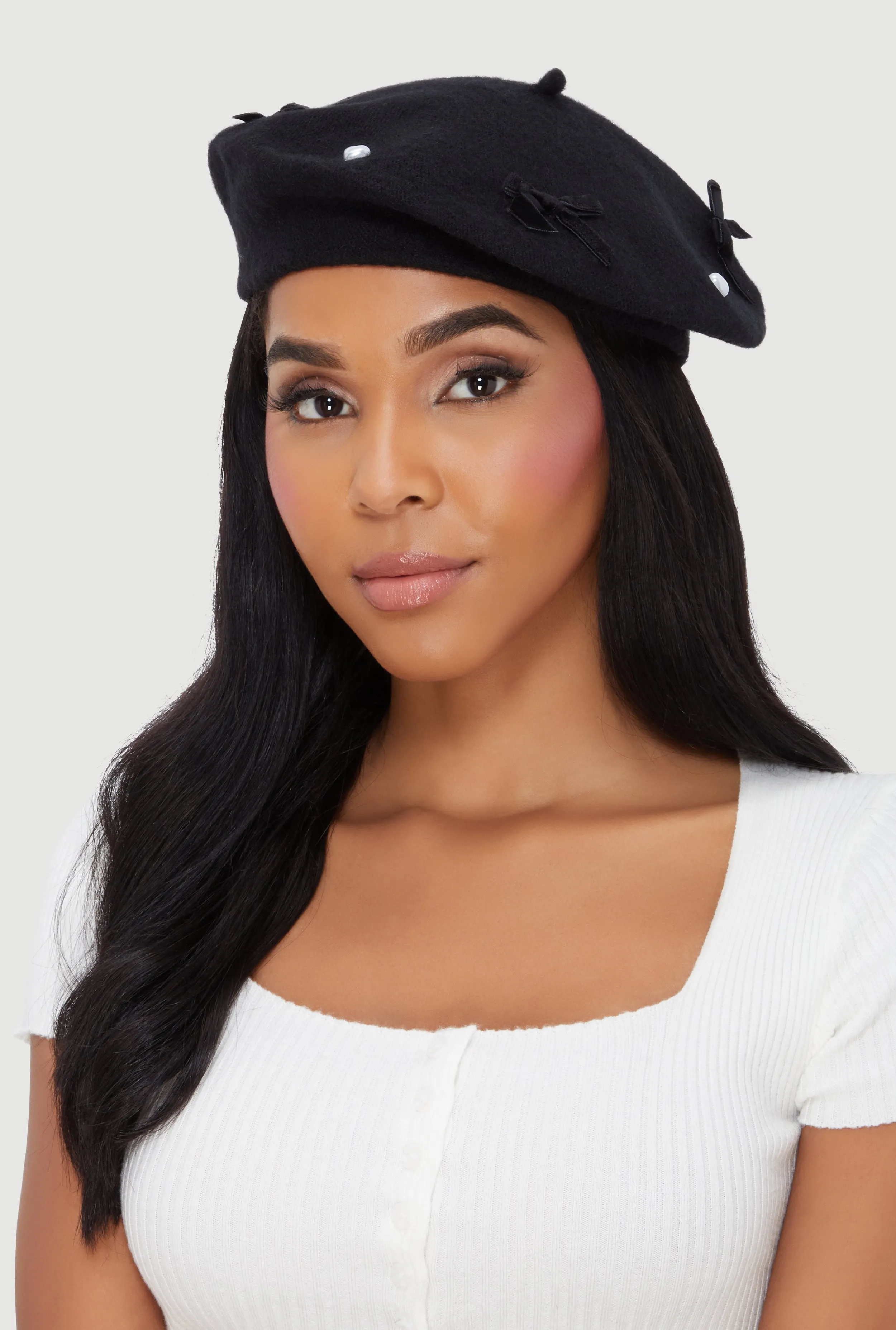 Faux Pearl Heart and Bow Detail Beret sold by Rainbow product image thumbnail 2