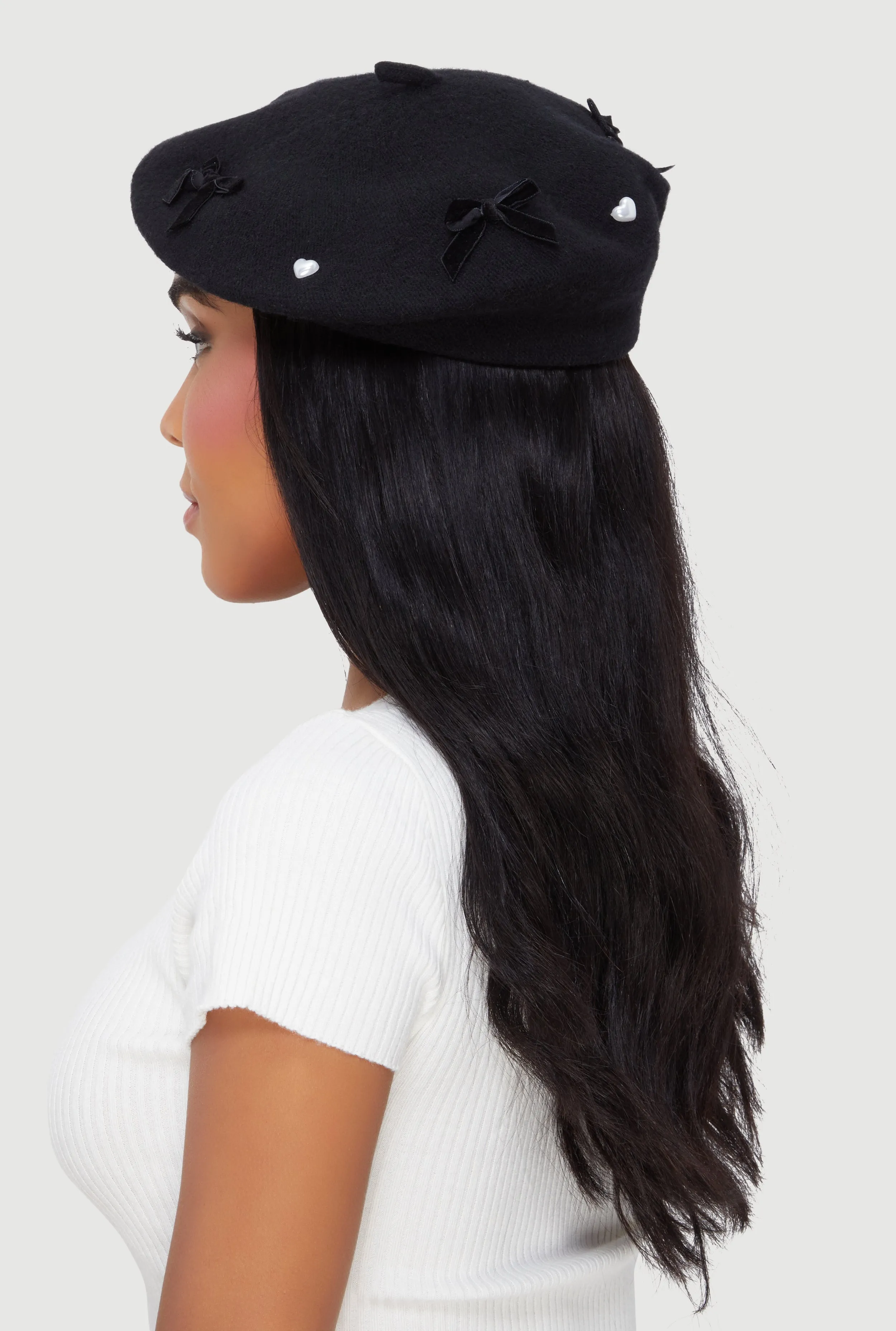Faux Pearl Heart and Bow Detail Beret sold by Rainbow product image thumbnail 3