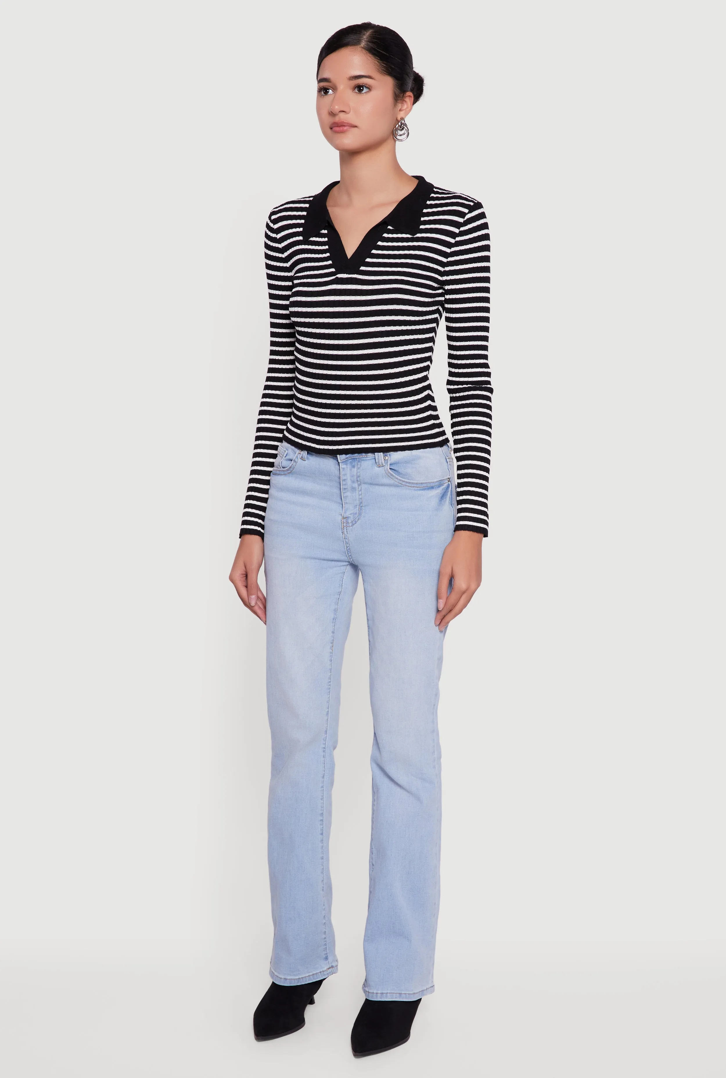 Striped Rib Knit Long Sleeve Polo Sweater sold by Rainbow product image thumbnail 5