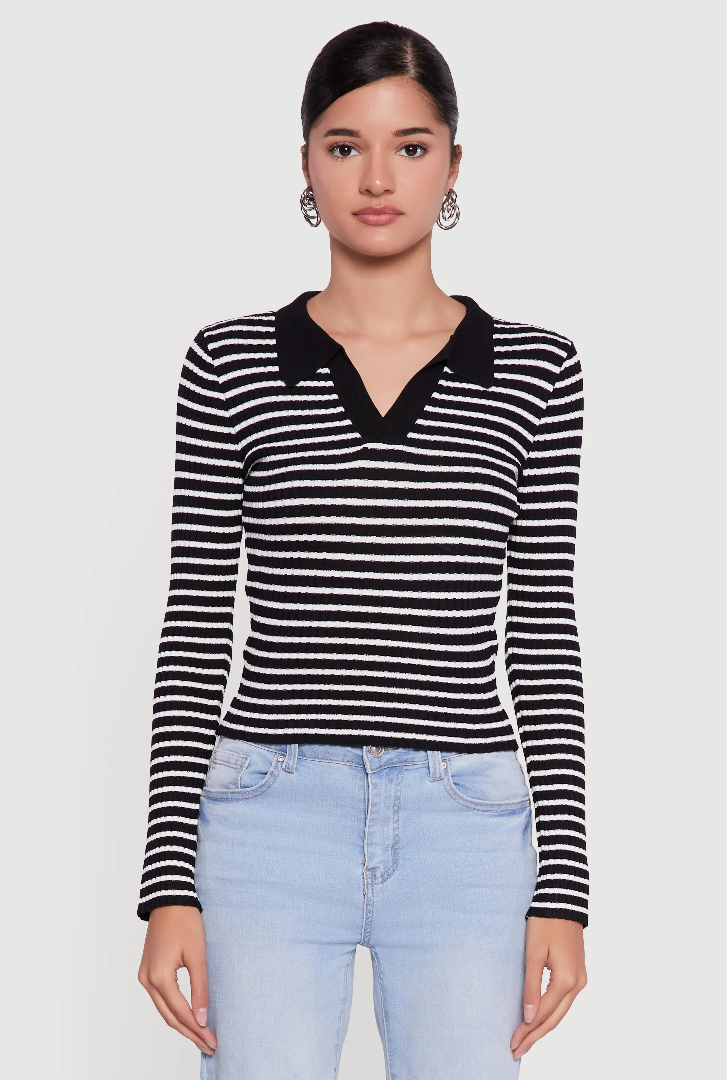 Striped Rib Knit Long Sleeve Polo Sweater sold by Rainbow product image thumbnail 2