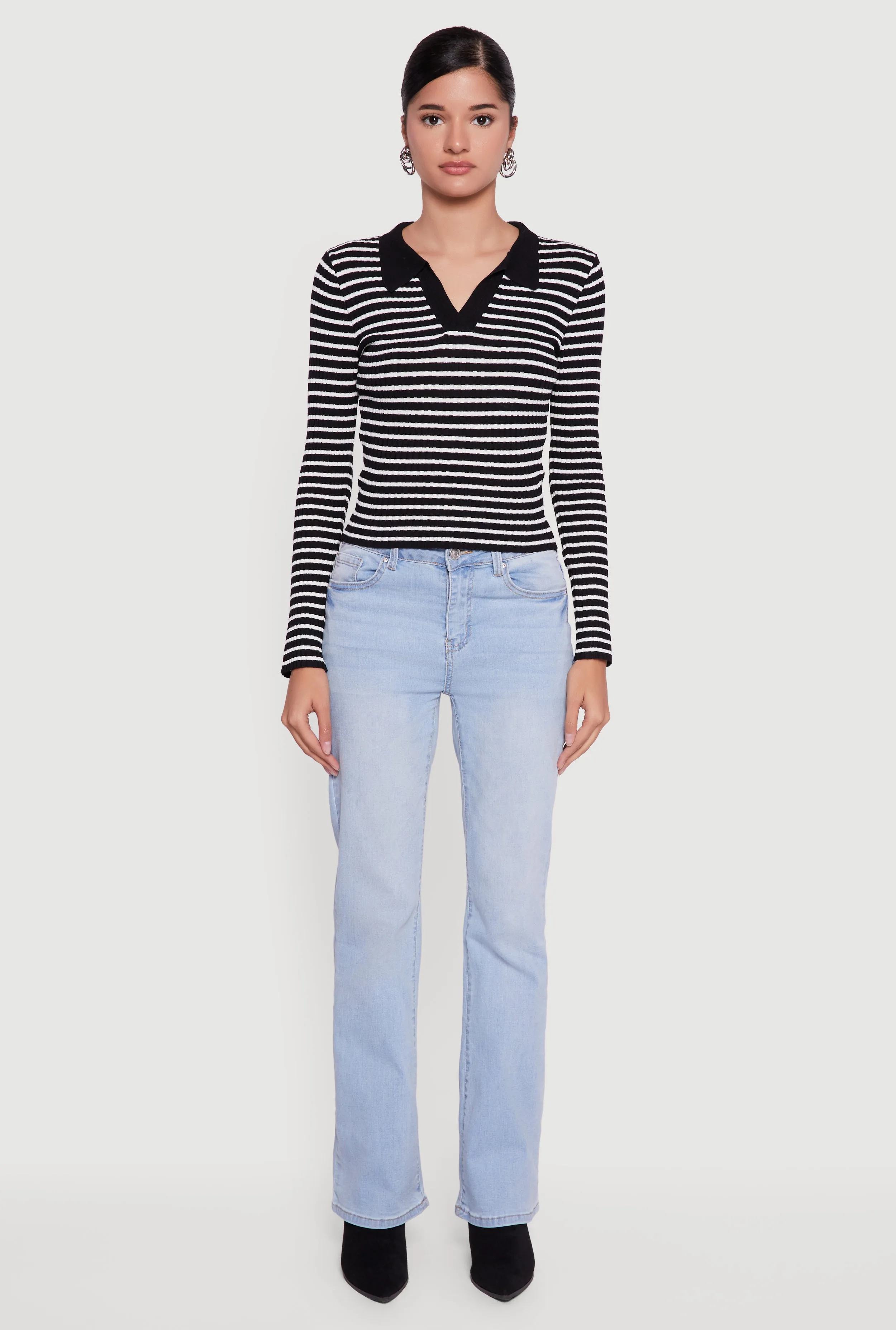 Striped Rib Knit Long Sleeve Polo Sweater sold by Rainbow product image thumbnail 3