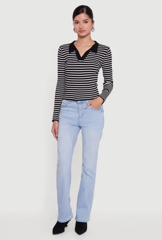 Striped Rib Knit Long Sleeve Polo Sweater sold by Rainbow