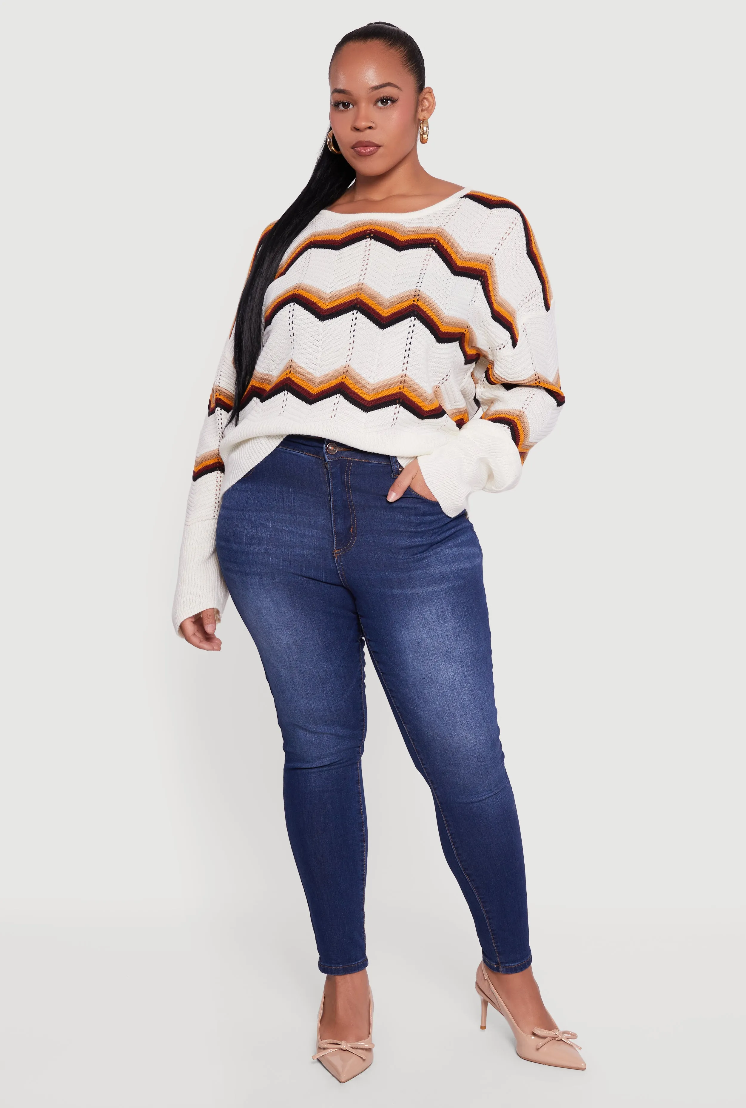Plus Size Chevron Patterned Caged Back Sweater sold by Rainbow