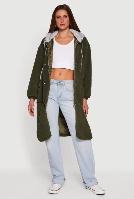 Snap Button Zip Front Sherpa Coat with Removable Hood sold by Rainbow