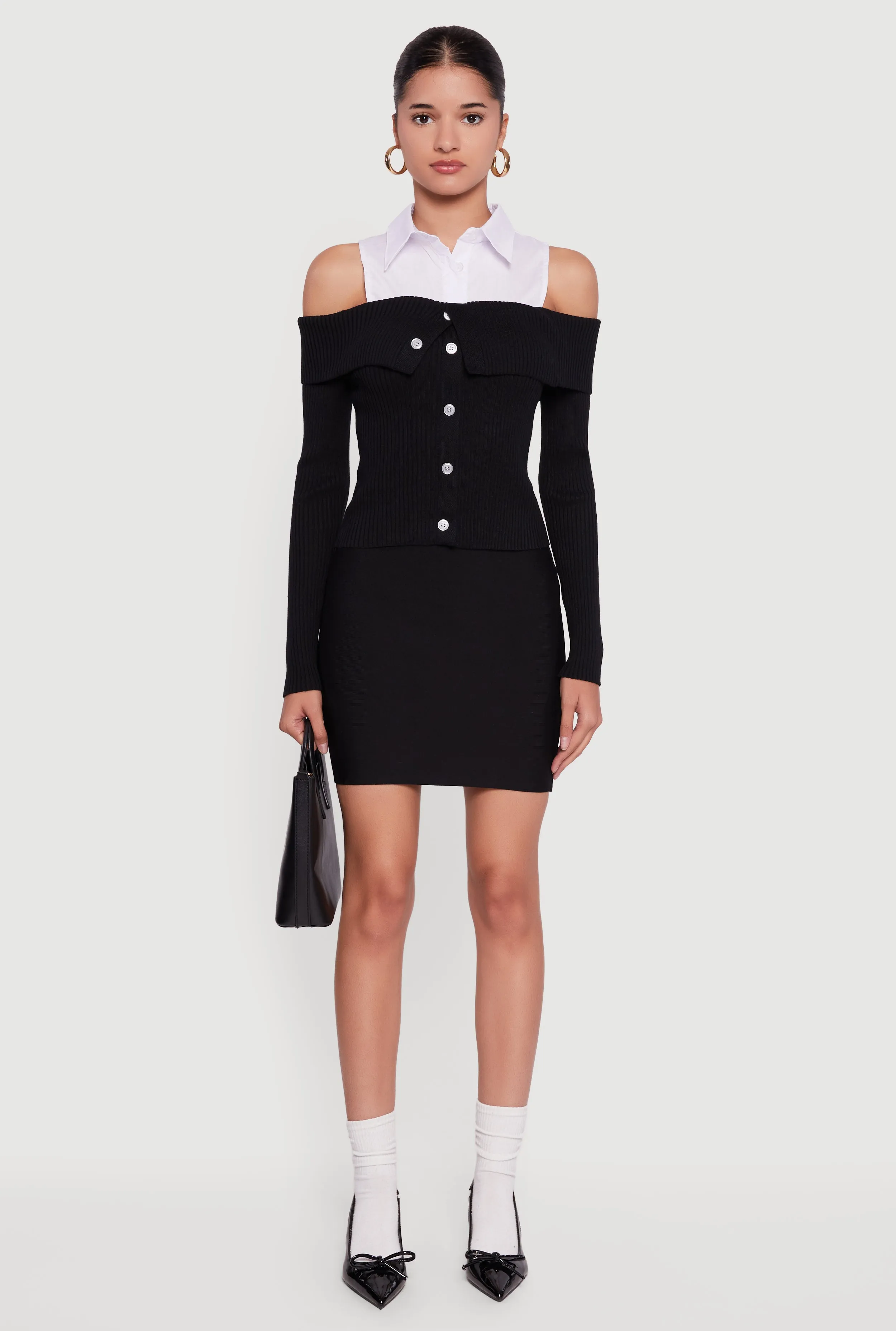 Cold Shoulder Fold Over Layered Look Sweater sold by Rainbow product image thumbnail 3