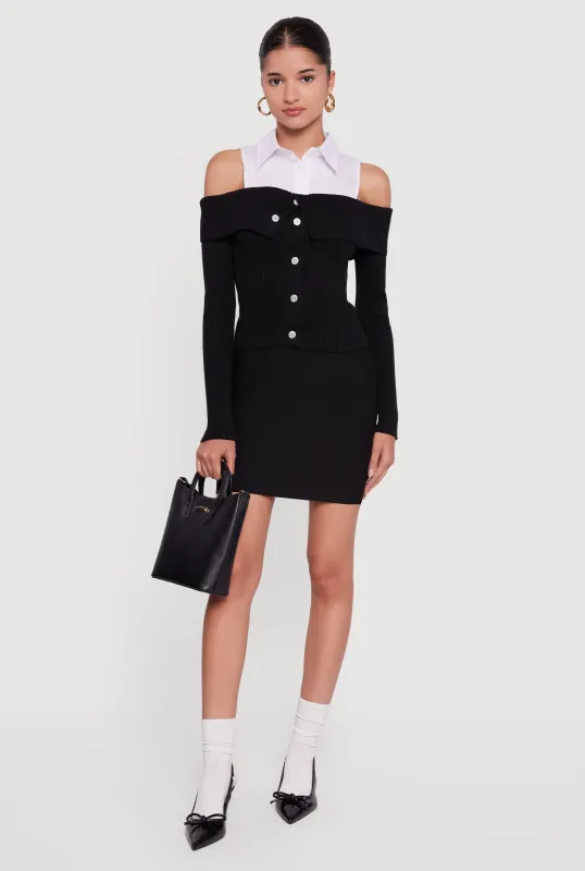 Cold Shoulder Fold Over Layered Look Sweater sold by Rainbow