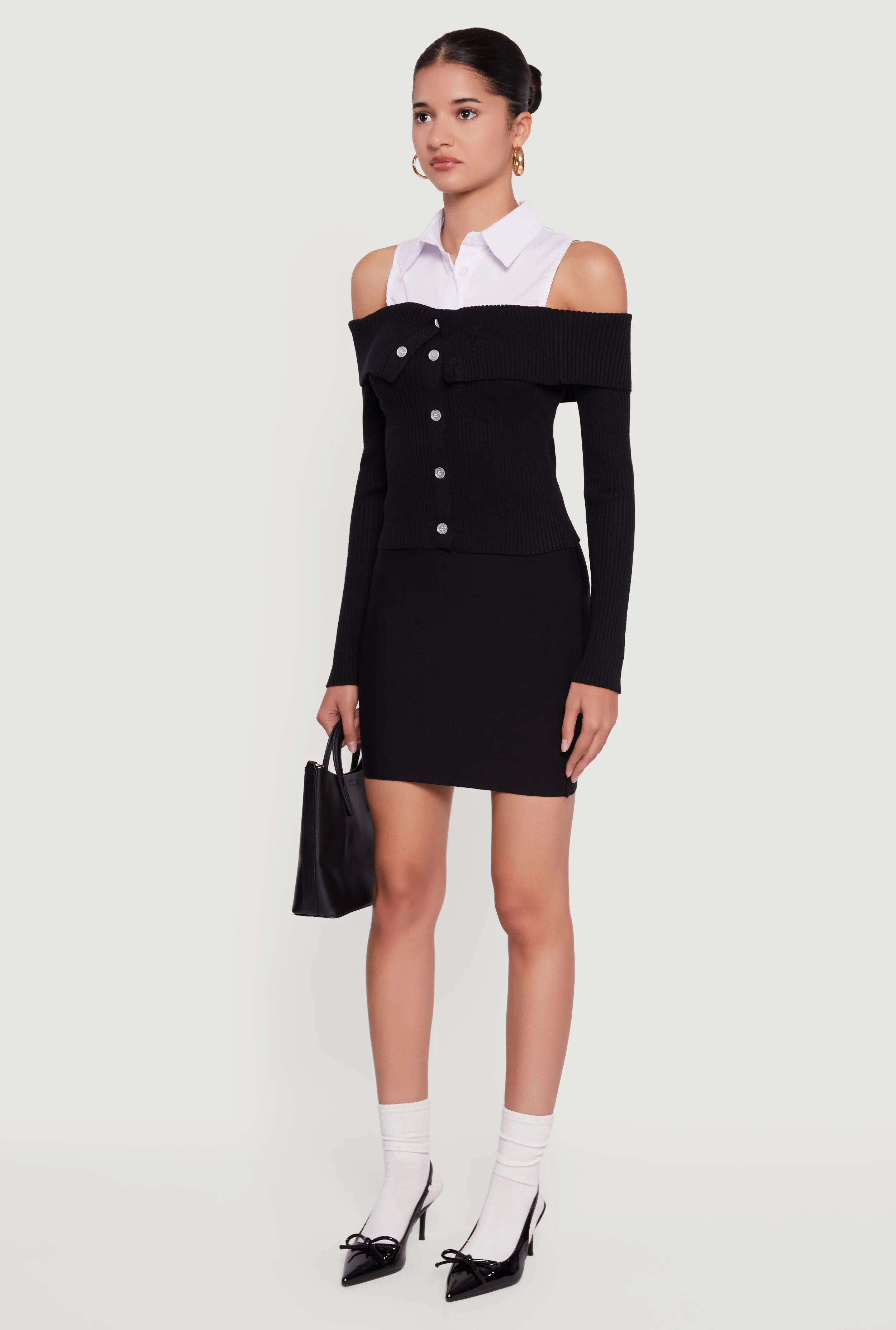 Cold Shoulder Fold Over Layered Look Sweater sold by Rainbow product image thumbnail 5