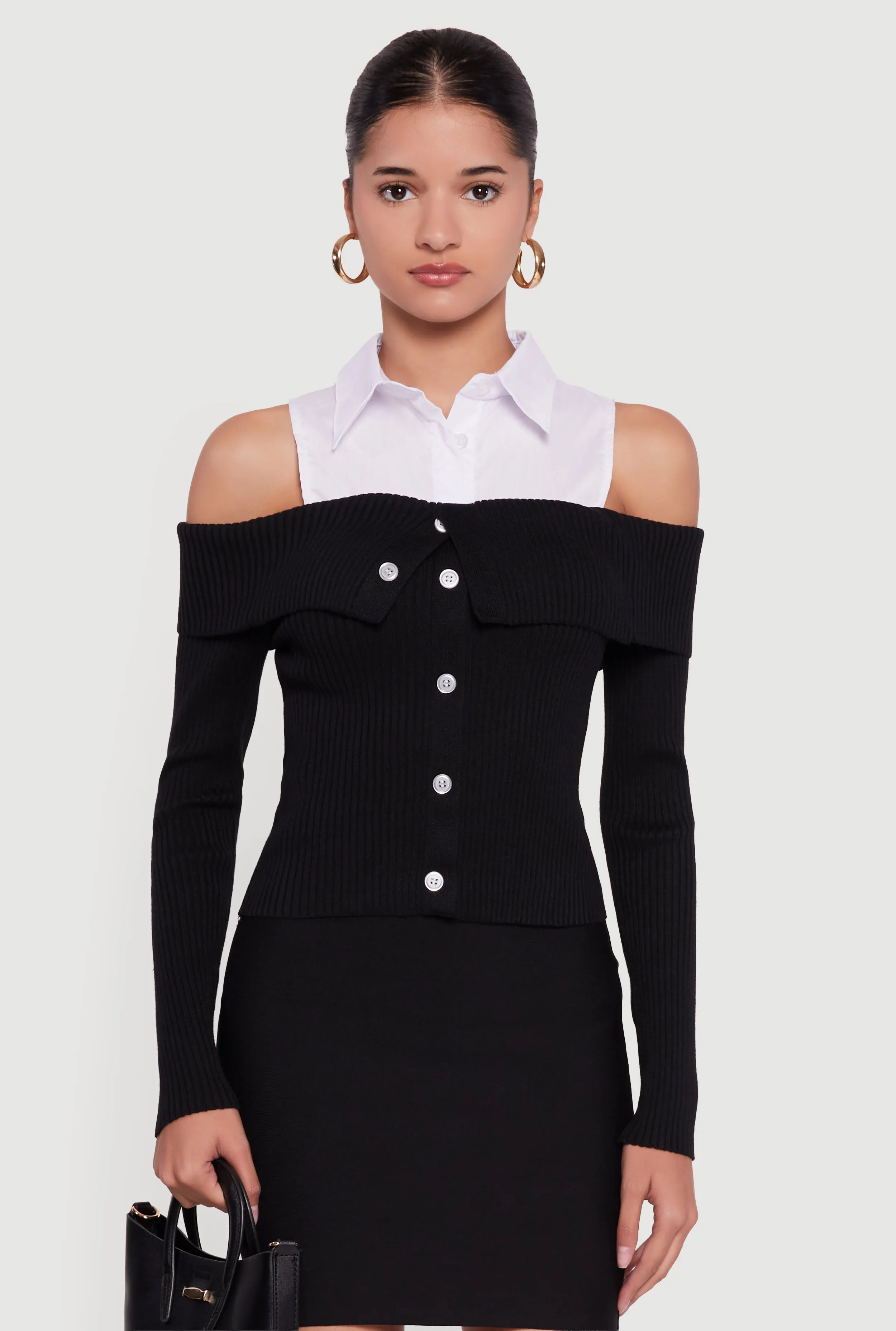 Cold Shoulder Fold Over Layered Look Sweater sold by Rainbow product image thumbnail 2