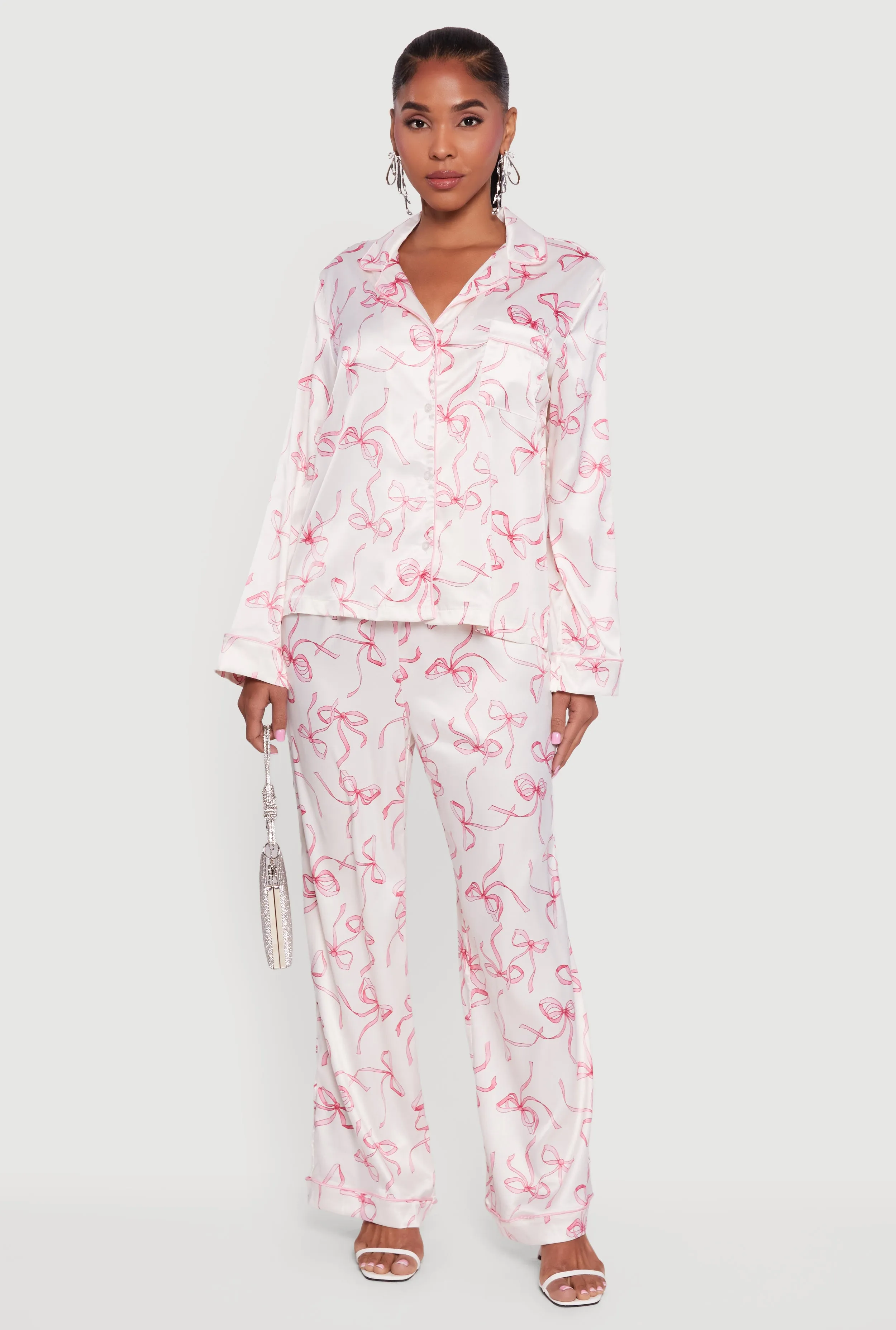 Satin Bow Print Long Sleeve Button Front Shirt sold by Rainbow product image thumbnail 2