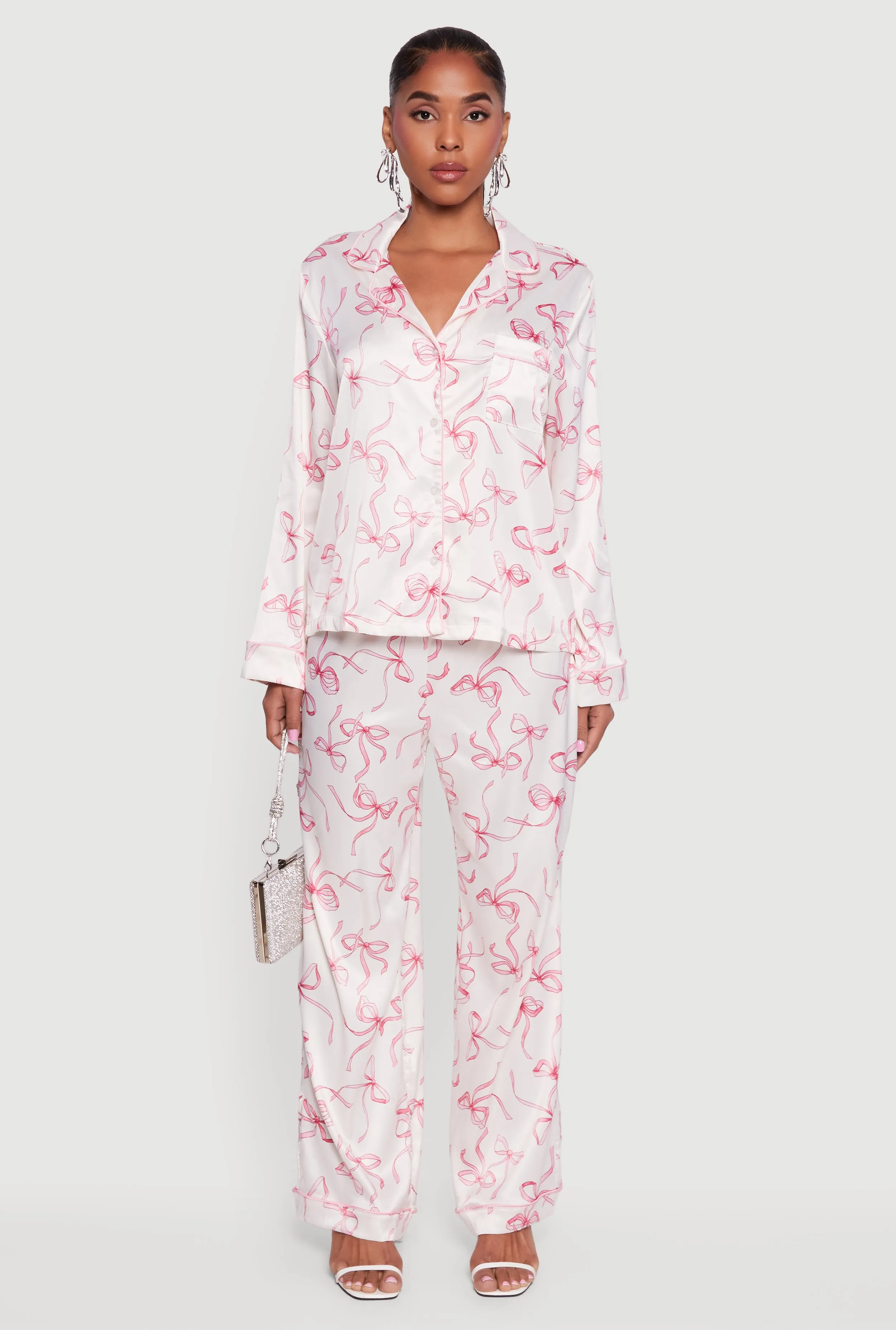 Satin Bow Print Long Sleeve Button Front Shirt sold by Rainbow product image thumbnail 3