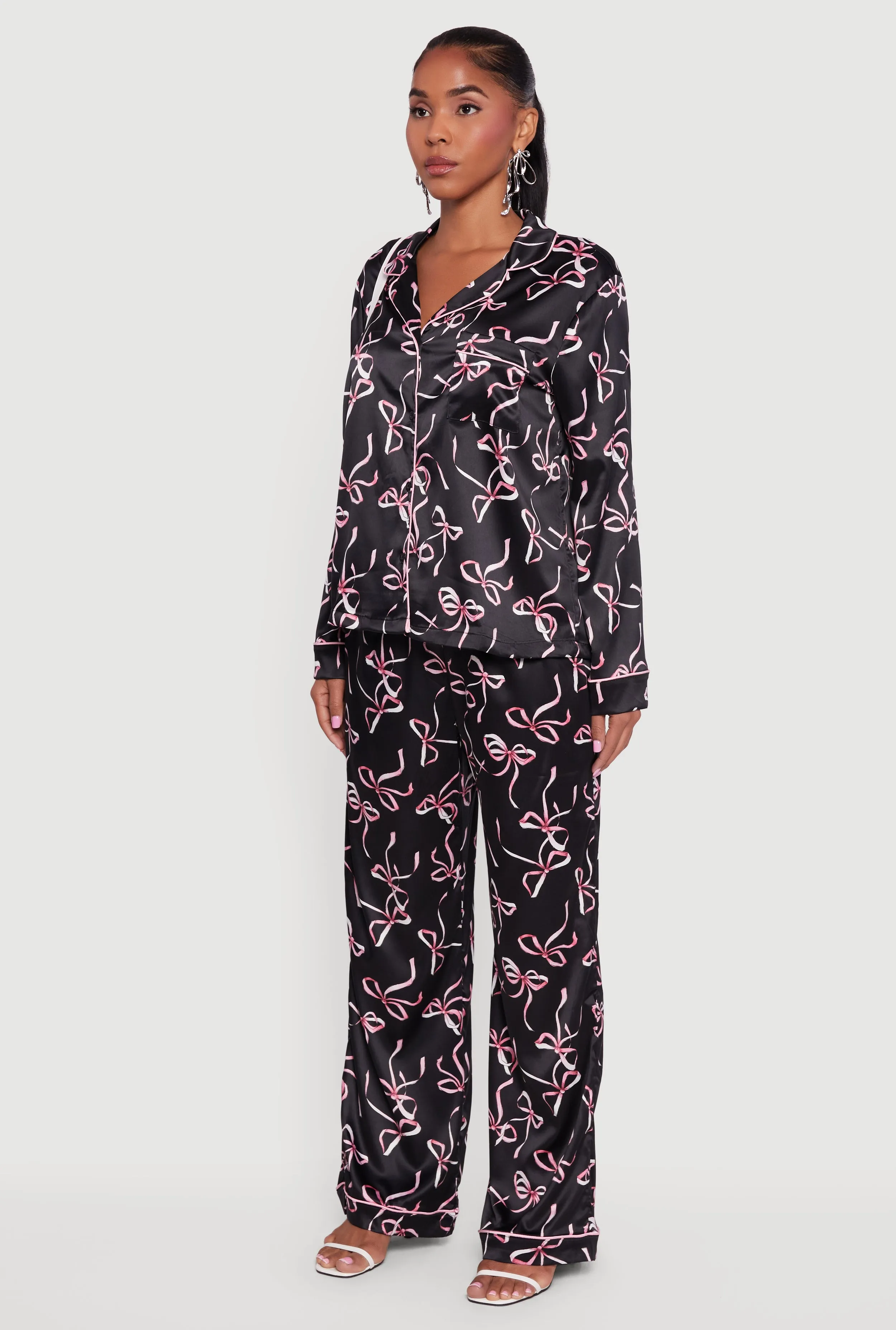 Satin Bow Print Long Sleeve Button Front Shirt sold by Rainbow product image thumbnail 5