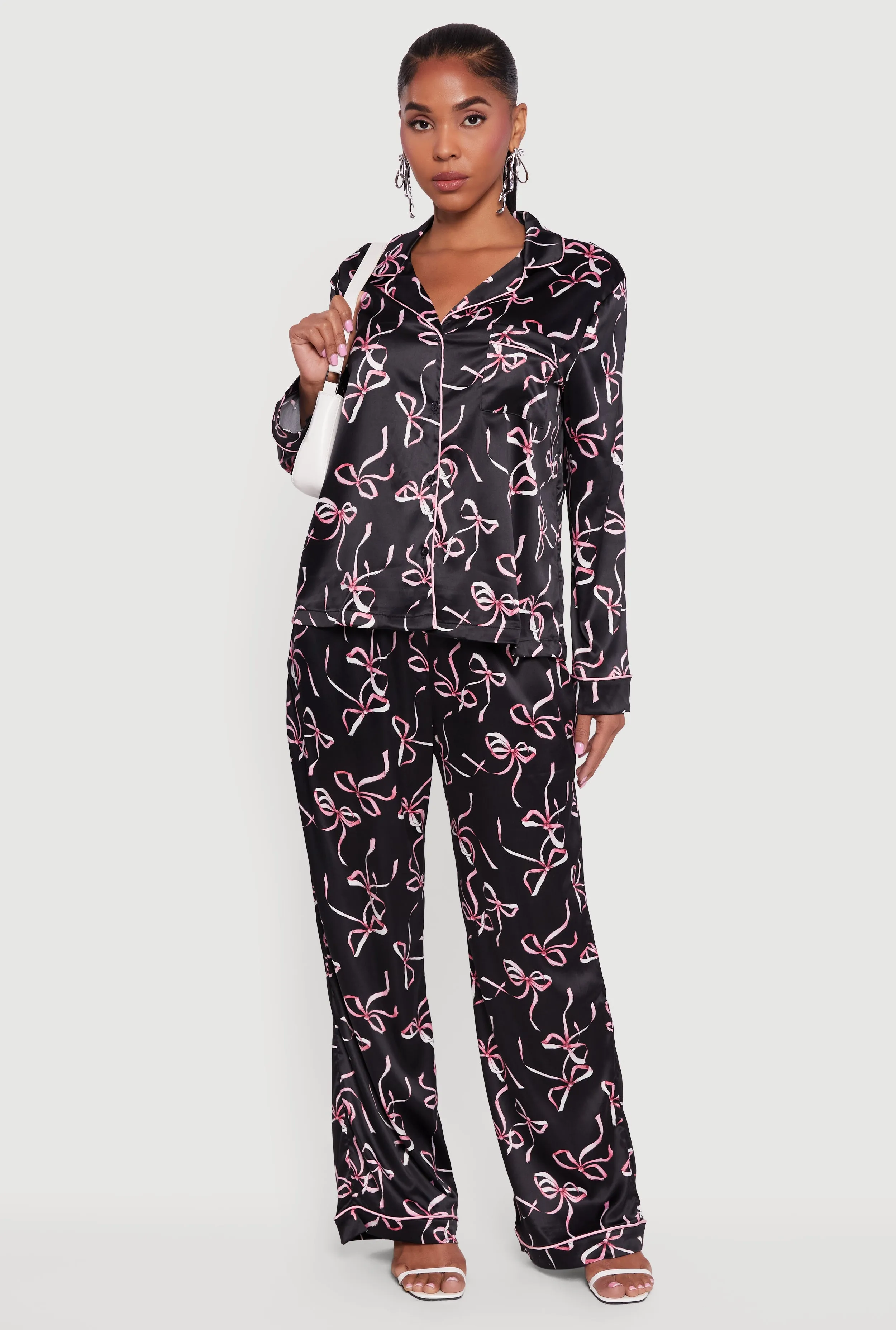 Satin Bow Print Long Sleeve Button Front Shirt sold by Rainbow product image thumbnail 2