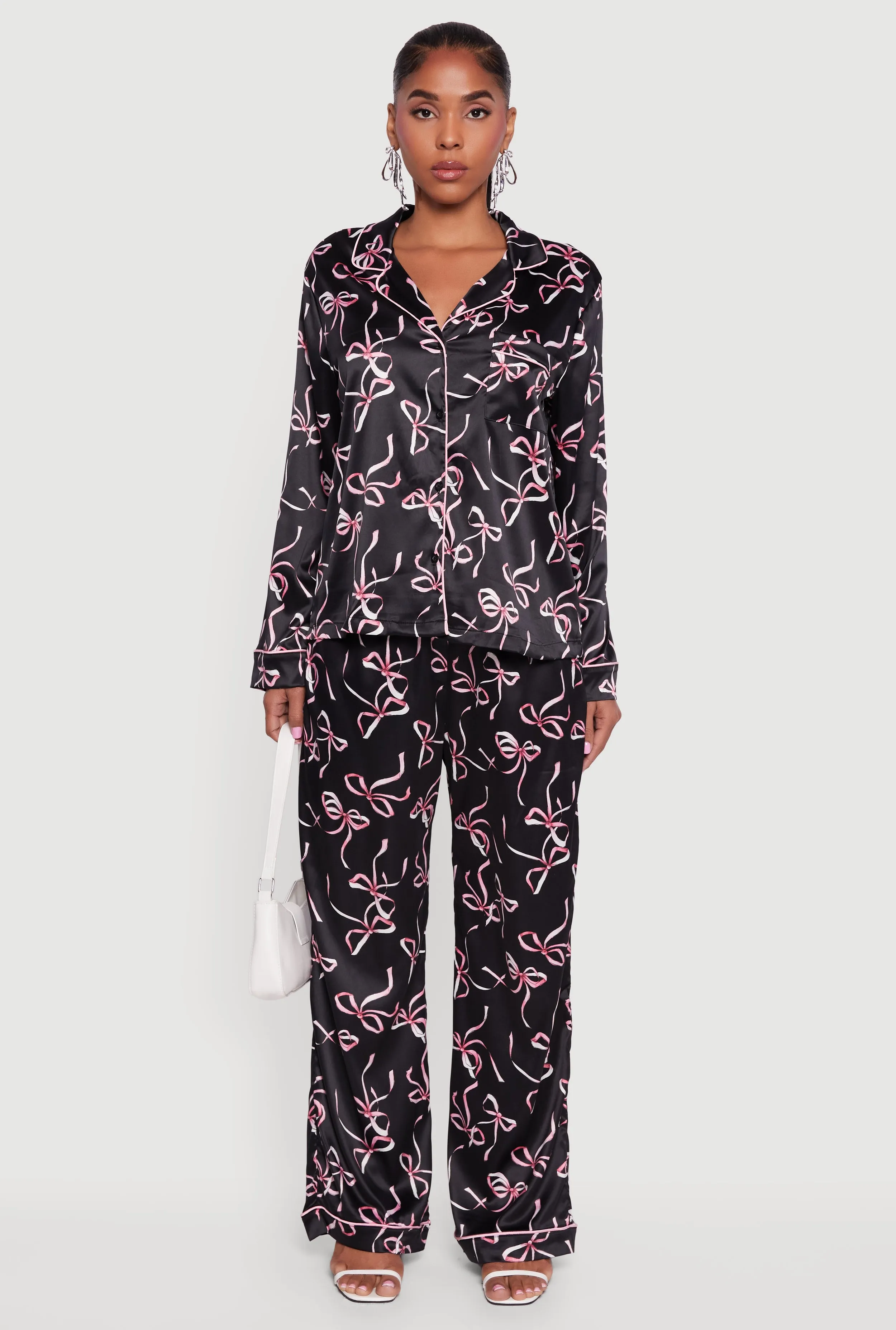 Satin Bow Print Long Sleeve Button Front Shirt sold by Rainbow product image thumbnail 3