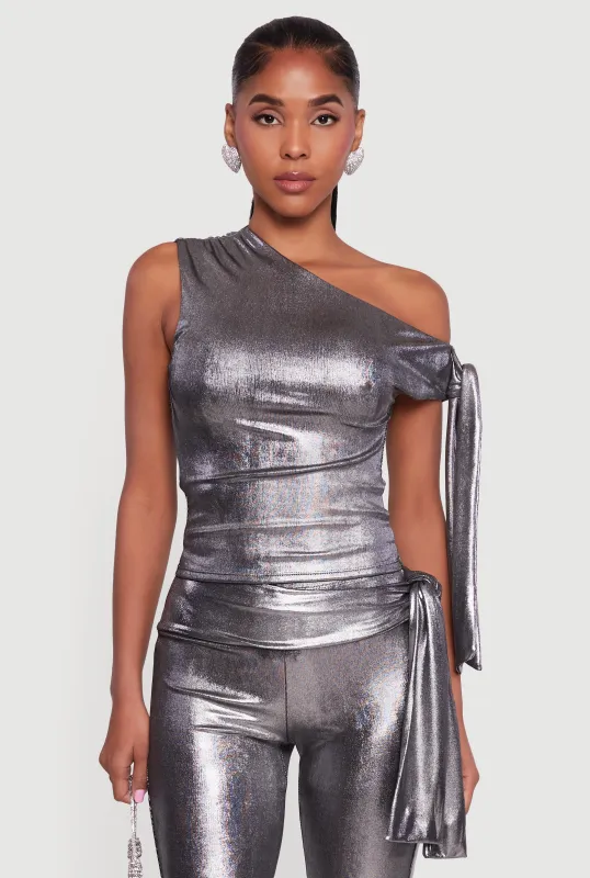 Metallic Knot Strap One Shoulder Top sold by Rainbow