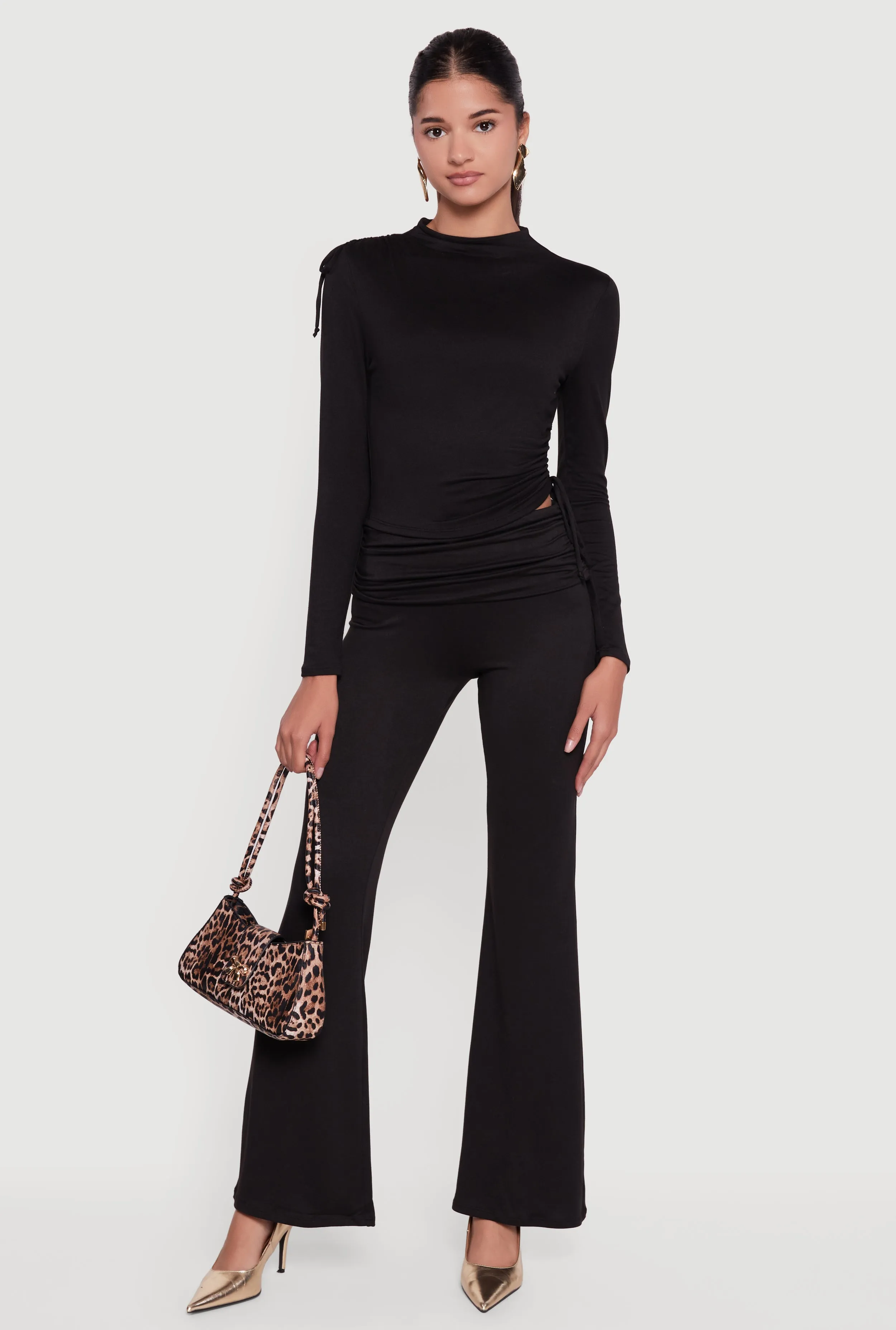 Soft Knit Ruched Fold Over Flare Pants sold by Rainbow