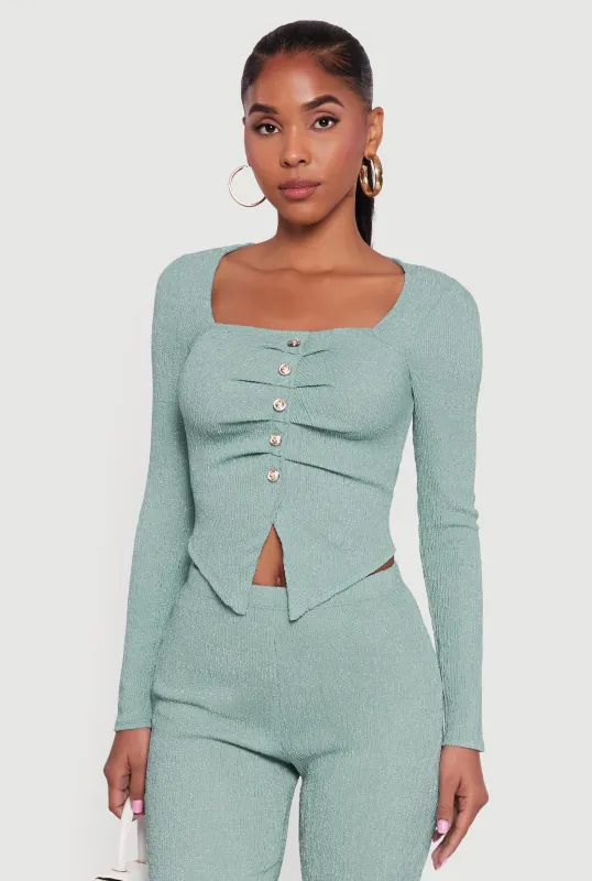 Faux Button Long Sleeve Textured Knit Blouse sold by Rainbow