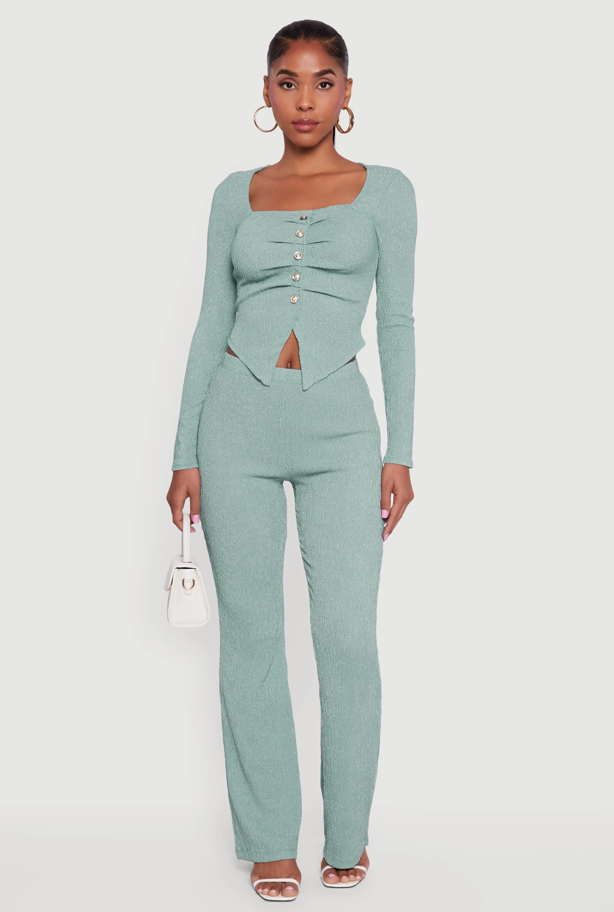 Faux Button Long Sleeve Textured Knit Blouse sold by Rainbow product image thumbnail 2