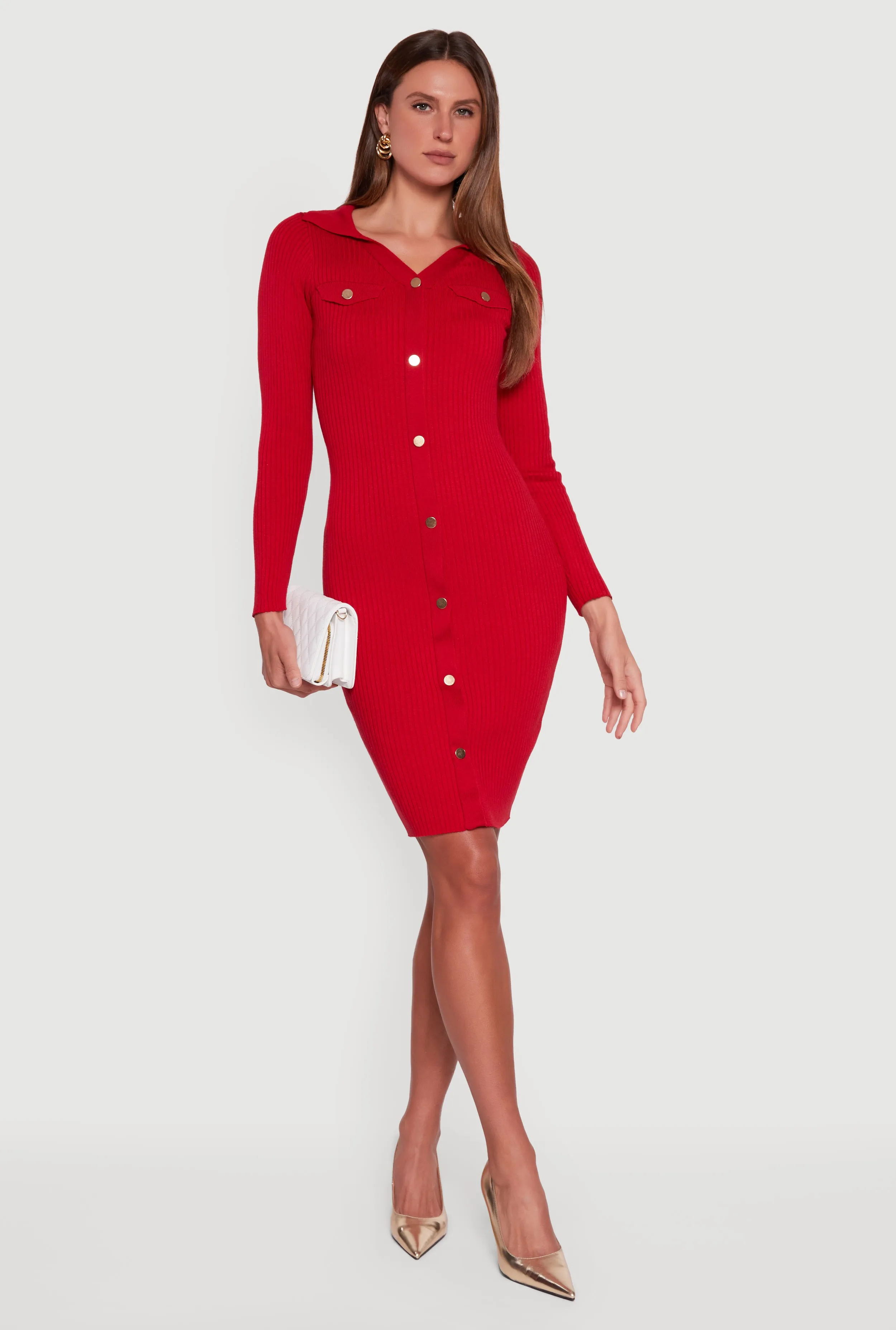 Collared Rib Knit Button Detail Midi Sweater Dress sold by Rainbow product image thumbnail 3