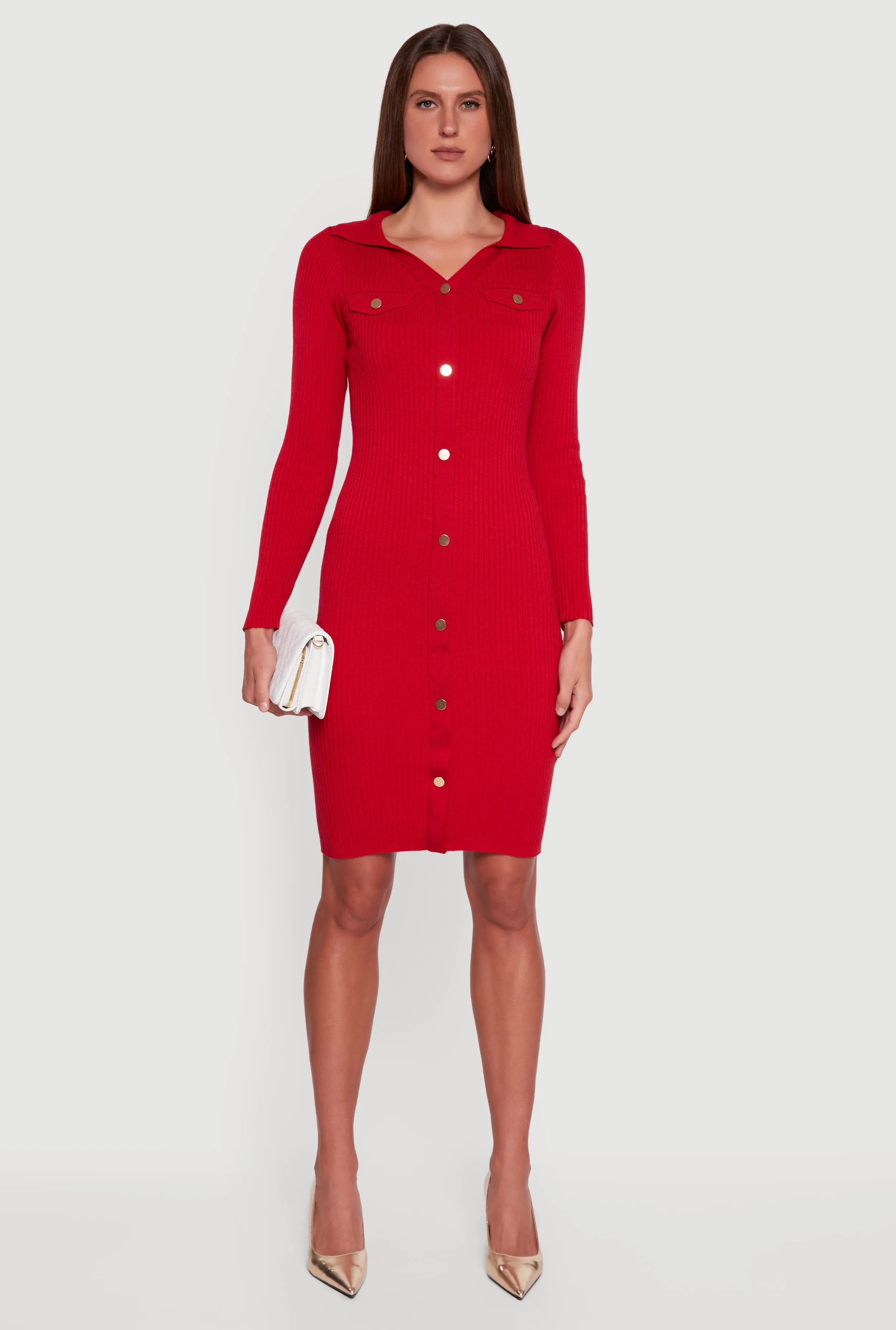 Collared Rib Knit Button Detail Midi Sweater Dress sold by Rainbow product image thumbnail 2