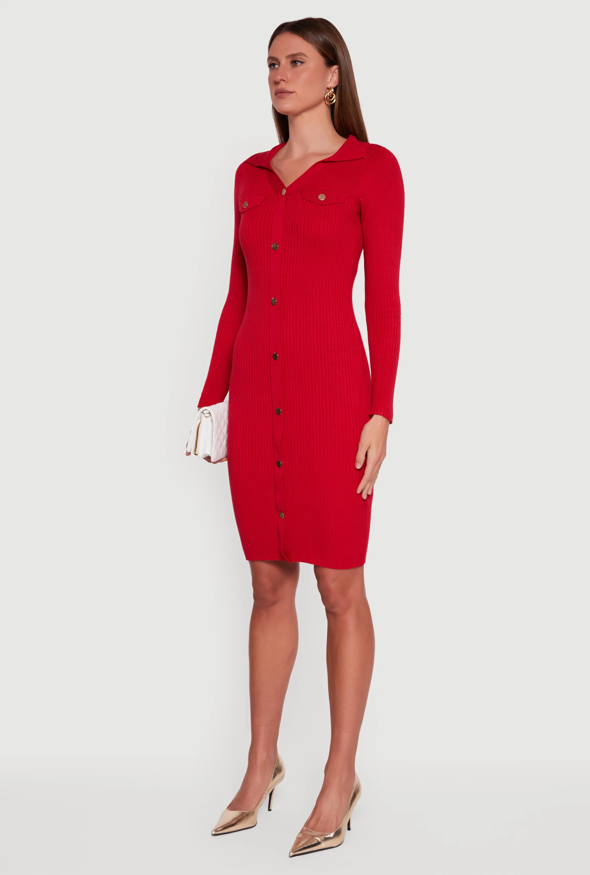 Collared Rib Knit Button Detail Midi Sweater Dress sold by Rainbow product image thumbnail 3