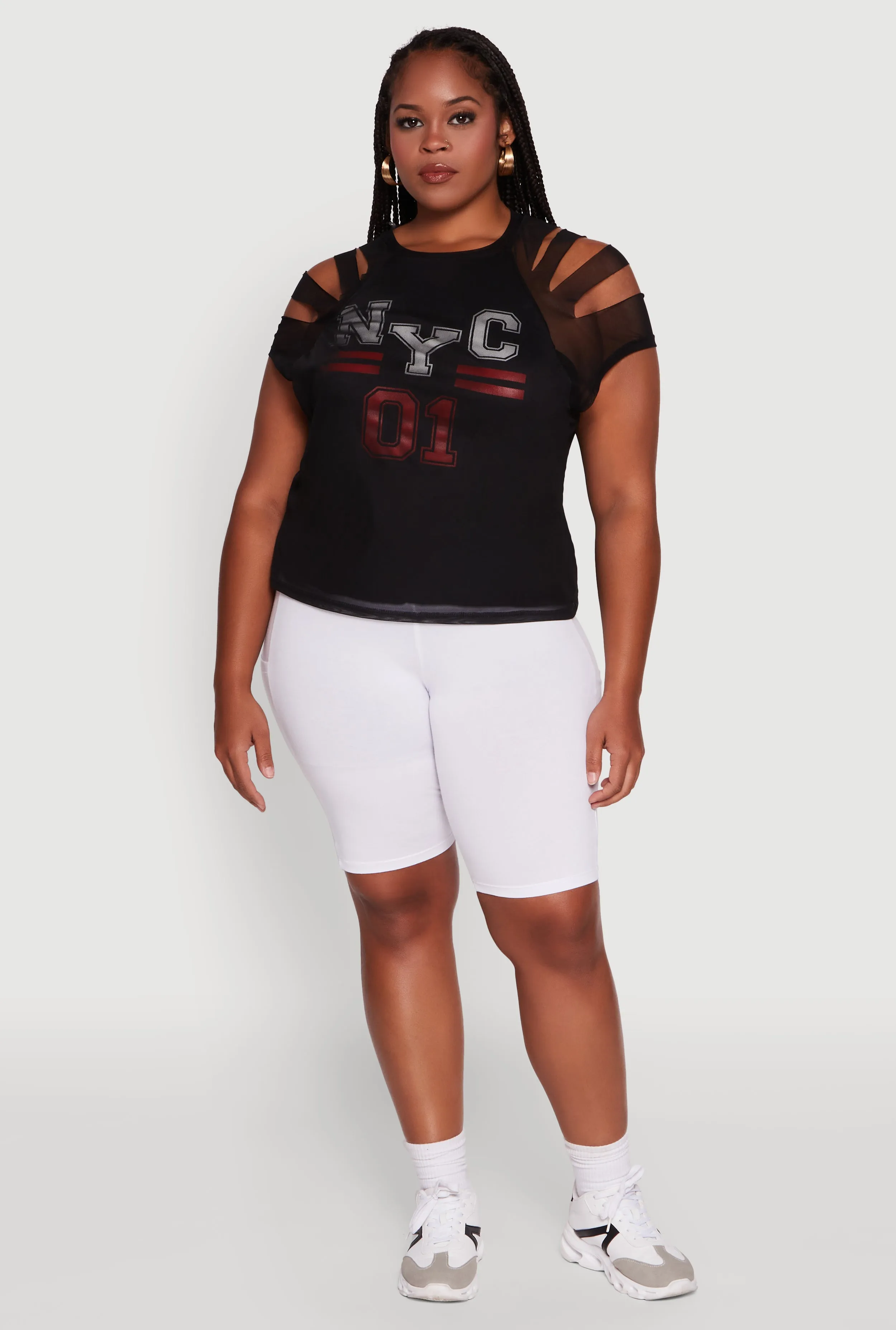 Plus Size Mesh Graphic NYC 01 Crew Neck Top sold by Rainbow