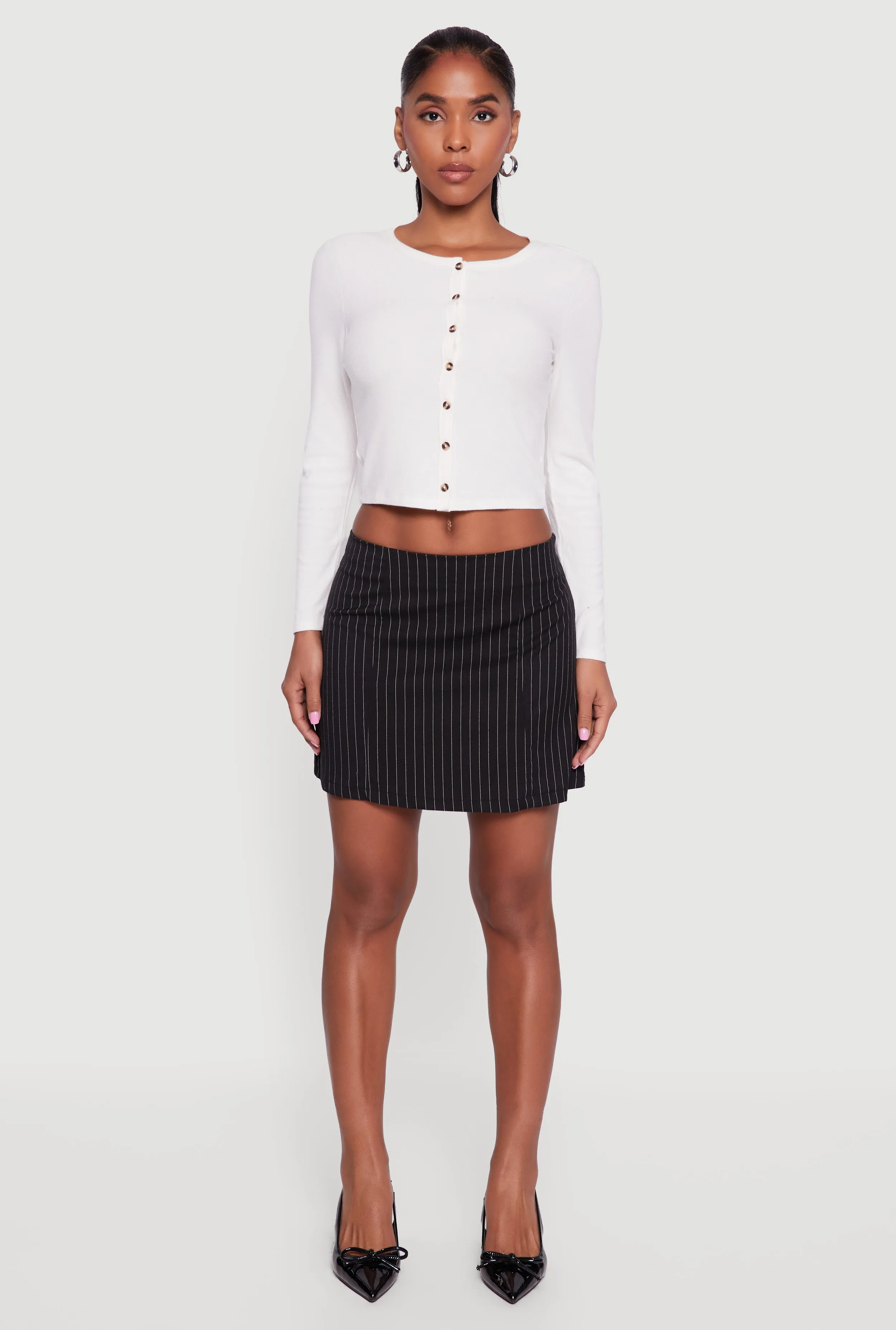 Ribbed Knit Button Front Long Sleeve Crop Top sold by Rainbow product image thumbnail 3