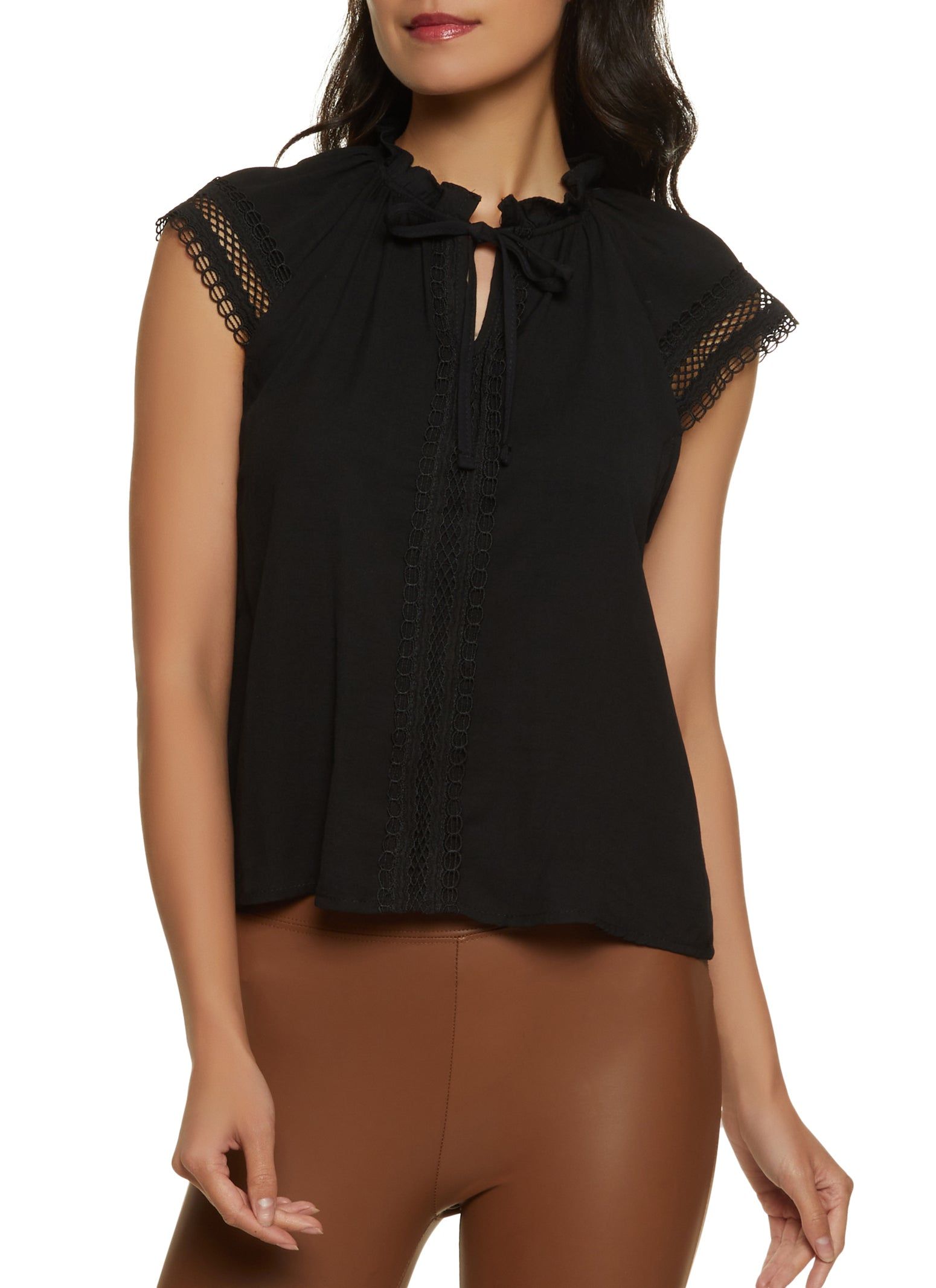 Linen Crochet Trim Tie Neck Blouse sold by Rainbow