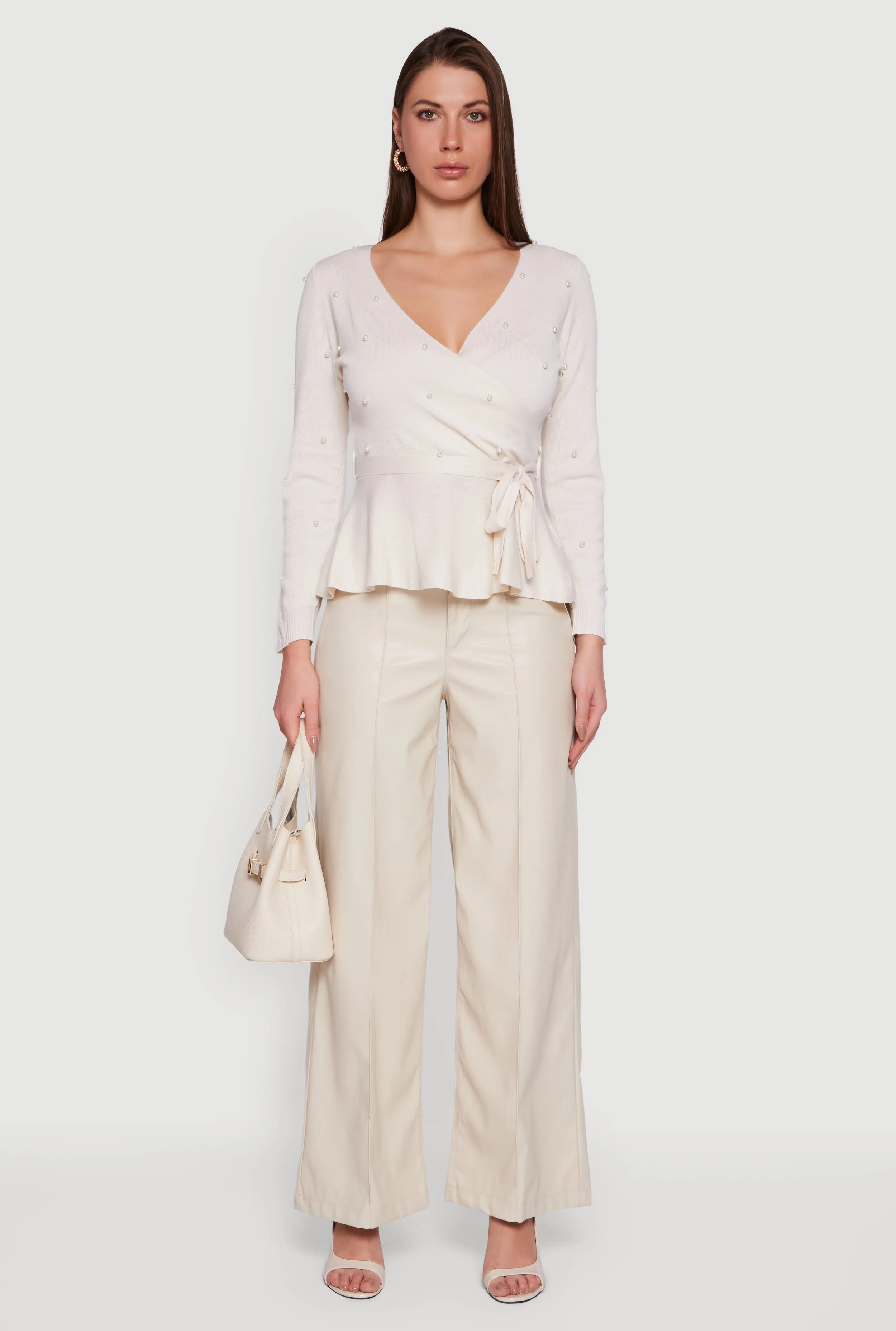 Faux Pearl Faux Wrap Peplum Sweater with Tie Waist Belt sold by Rainbow product image thumbnail 3