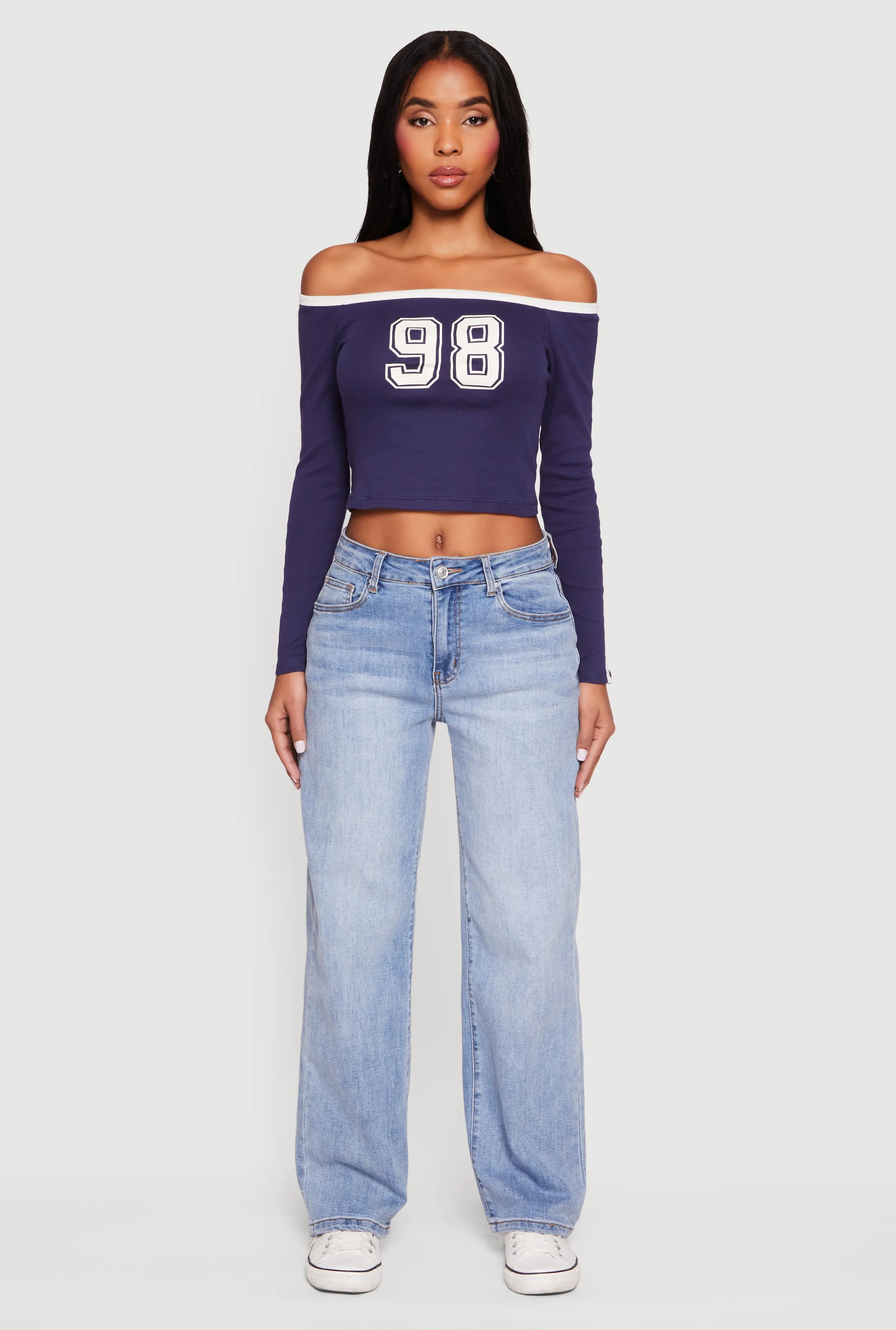 98 Graphic Off the Shoulder Crop Top sold by Rainbow