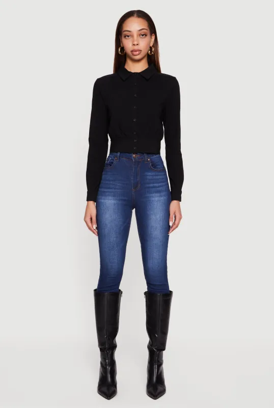 Cropped Long Sleeve Button Front Smocked Back Shirt sold by Rainbow