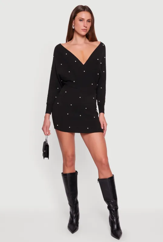 Faux Pearl Studded Faux Wrap Sweater Dress sold by Rainbow