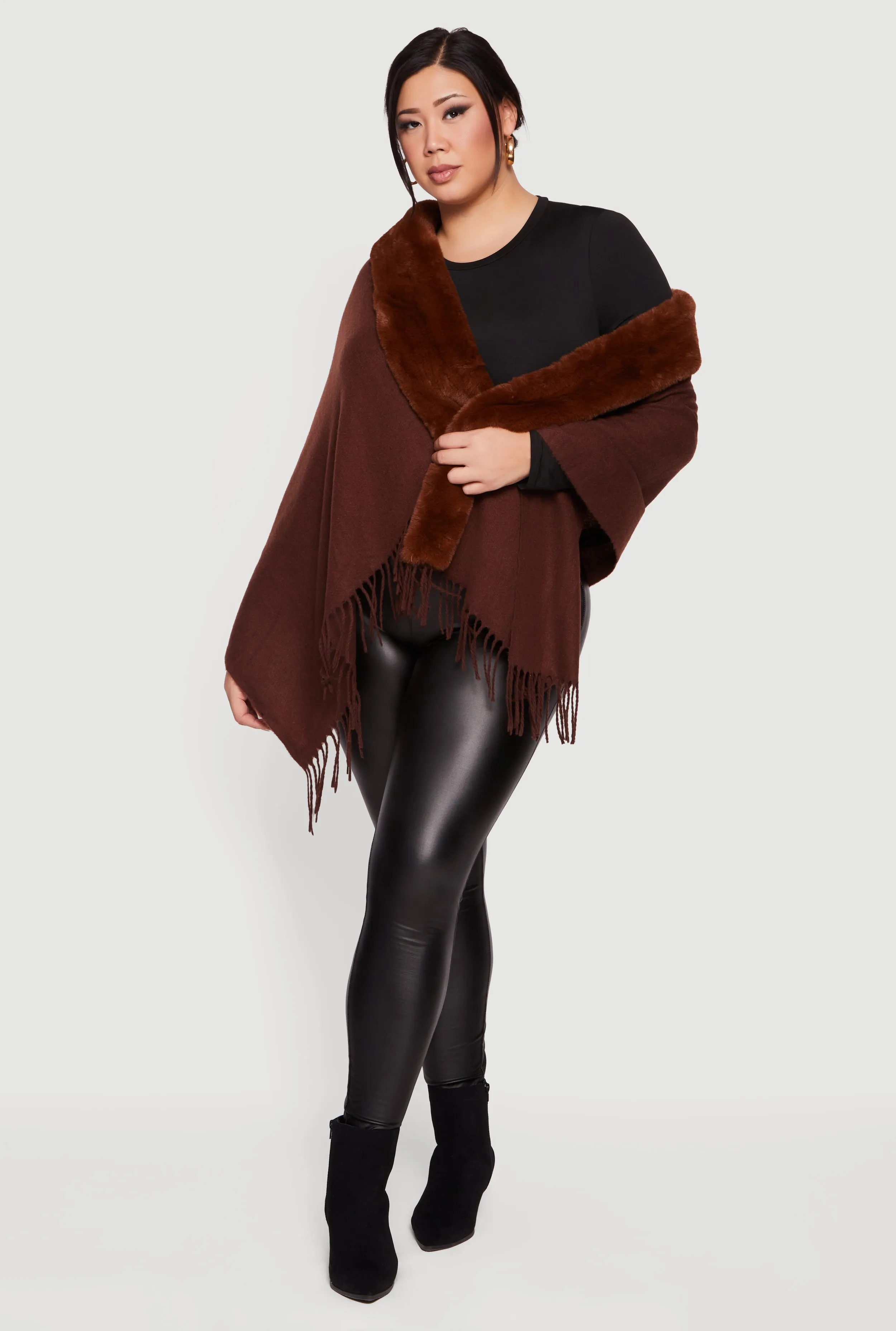 Faux Fur Trim Open Front Fringe Poncho sold by Rainbow product image thumbnail 2