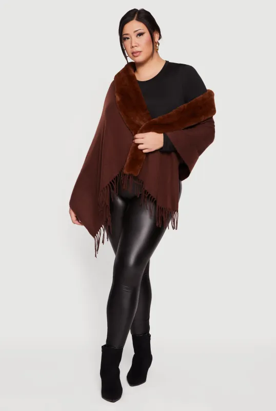 Faux Fur Trim Open Front Fringe Poncho sold by Rainbow