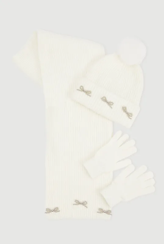 Beaded Bow Detail Scarf and Pom Pom Beanie with Gloves sold by Rainbow
