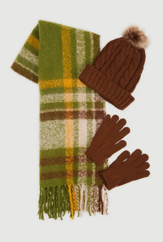 Plaid Scarf with Cable Knit Beanie and Gloves sold by Rainbow