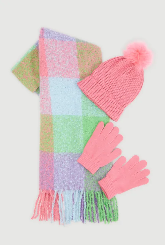 Plaid Scarf with Cable Knit Beanie and Gloves sold by Rainbow