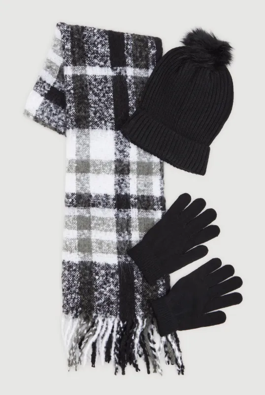 Plaid Scarf with Cable Knit Beanie and Gloves sold by Rainbow