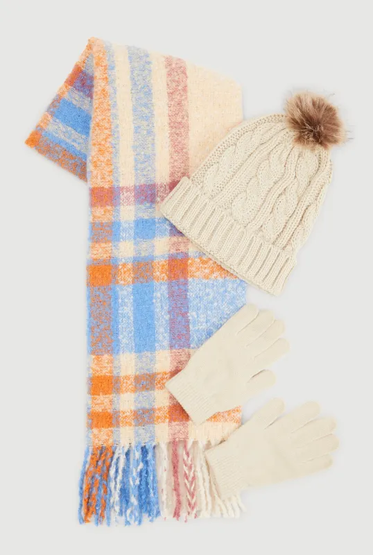 Plaid Scarf with Cable Knit Beanie and Gloves sold by Rainbow