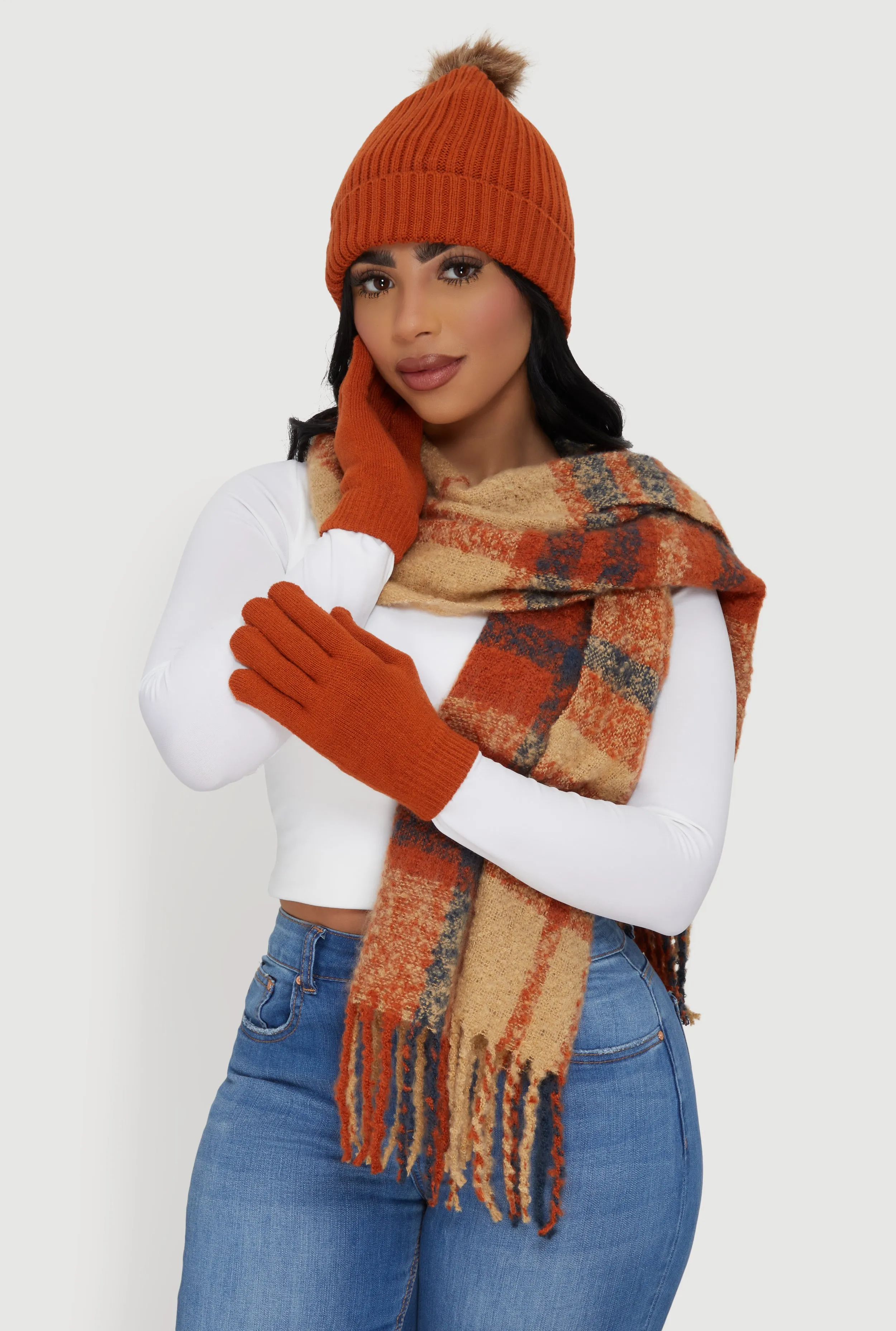 Plaid Scarf with Cable Knit Beanie and Gloves sold by Rainbow product image thumbnail 2