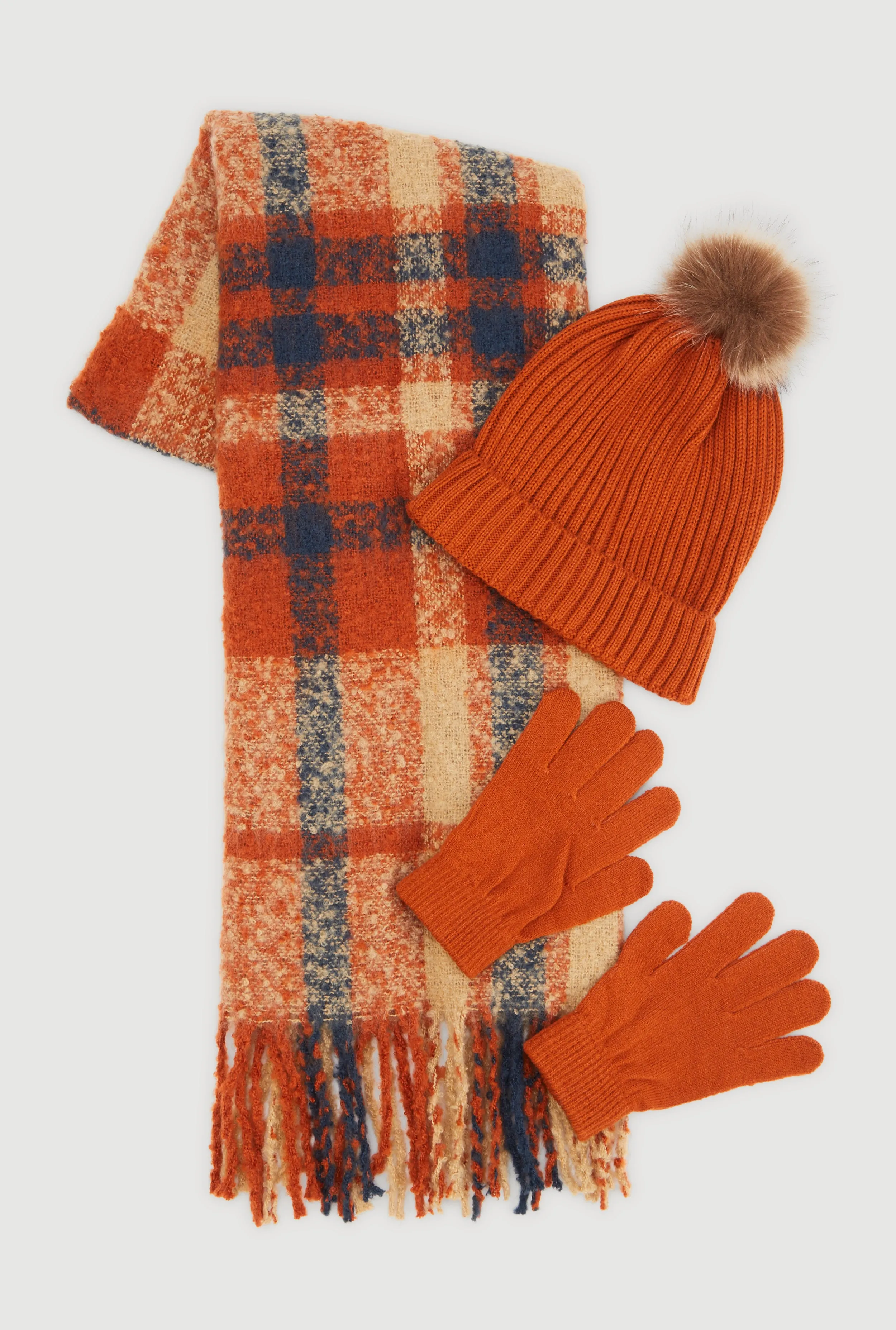 Plaid Scarf with Cable Knit Beanie and Gloves sold by Rainbow