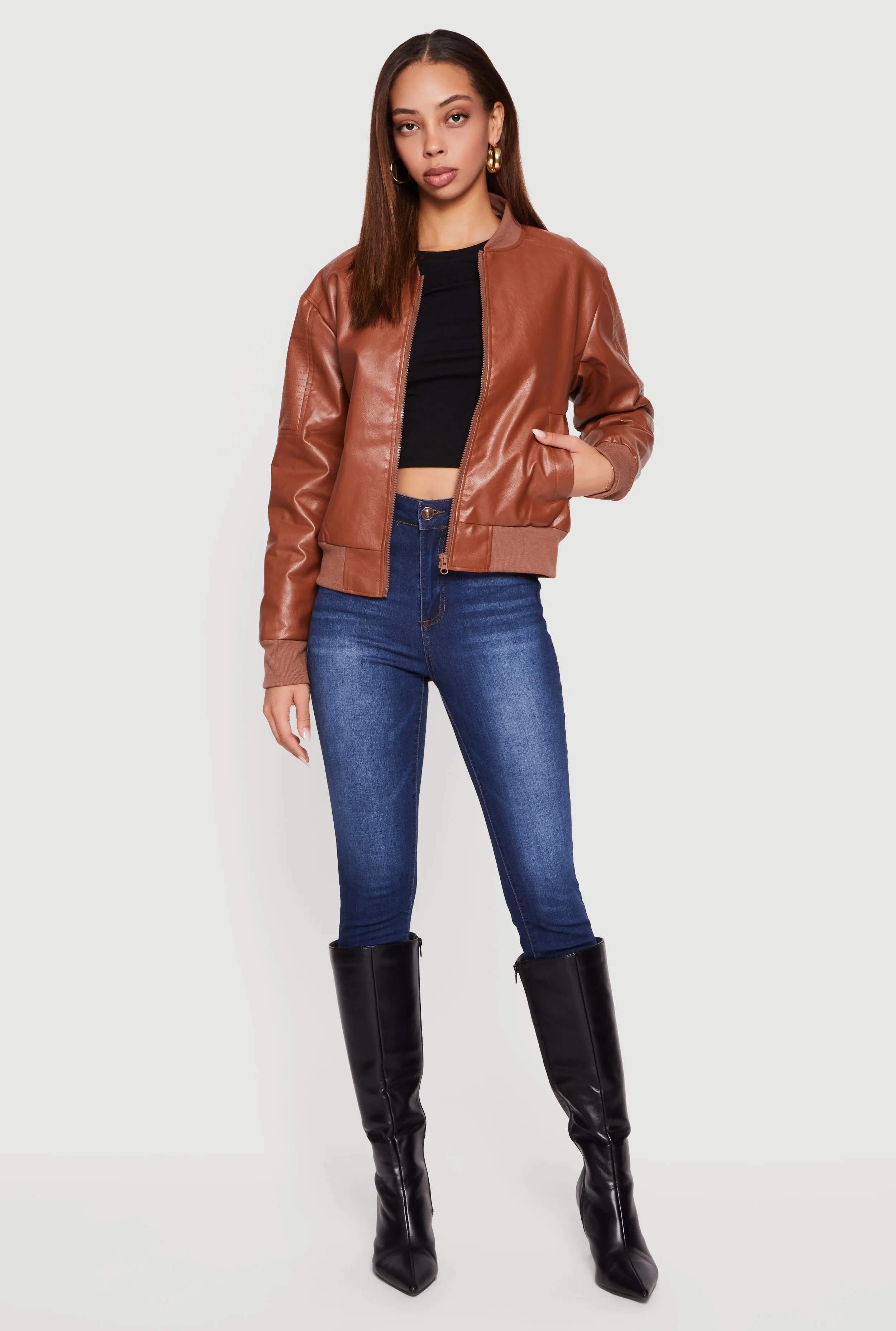 Solid Faux Leather Bomber Jacket sold by Rainbow