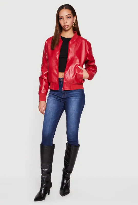 Solid Faux Leather Bomber Jacket sold by Rainbow