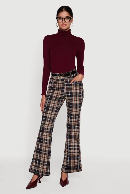 Plaid Scuba Belted Flared Leg Dress Pants sold by Rainbow